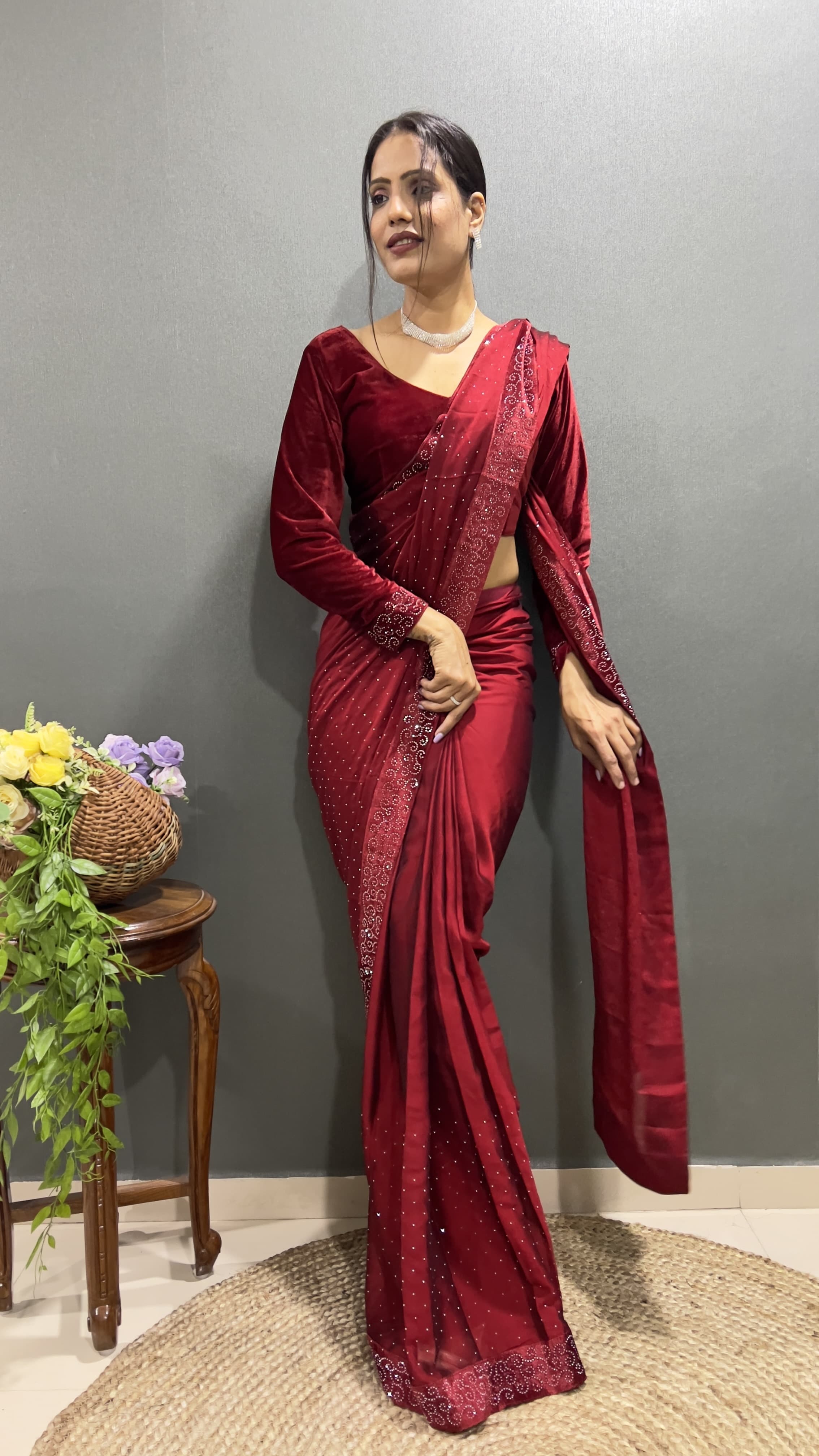 Trending Ready-To-Wear Rangoli Silk Saree with Swarovski & Velvet Lace Work