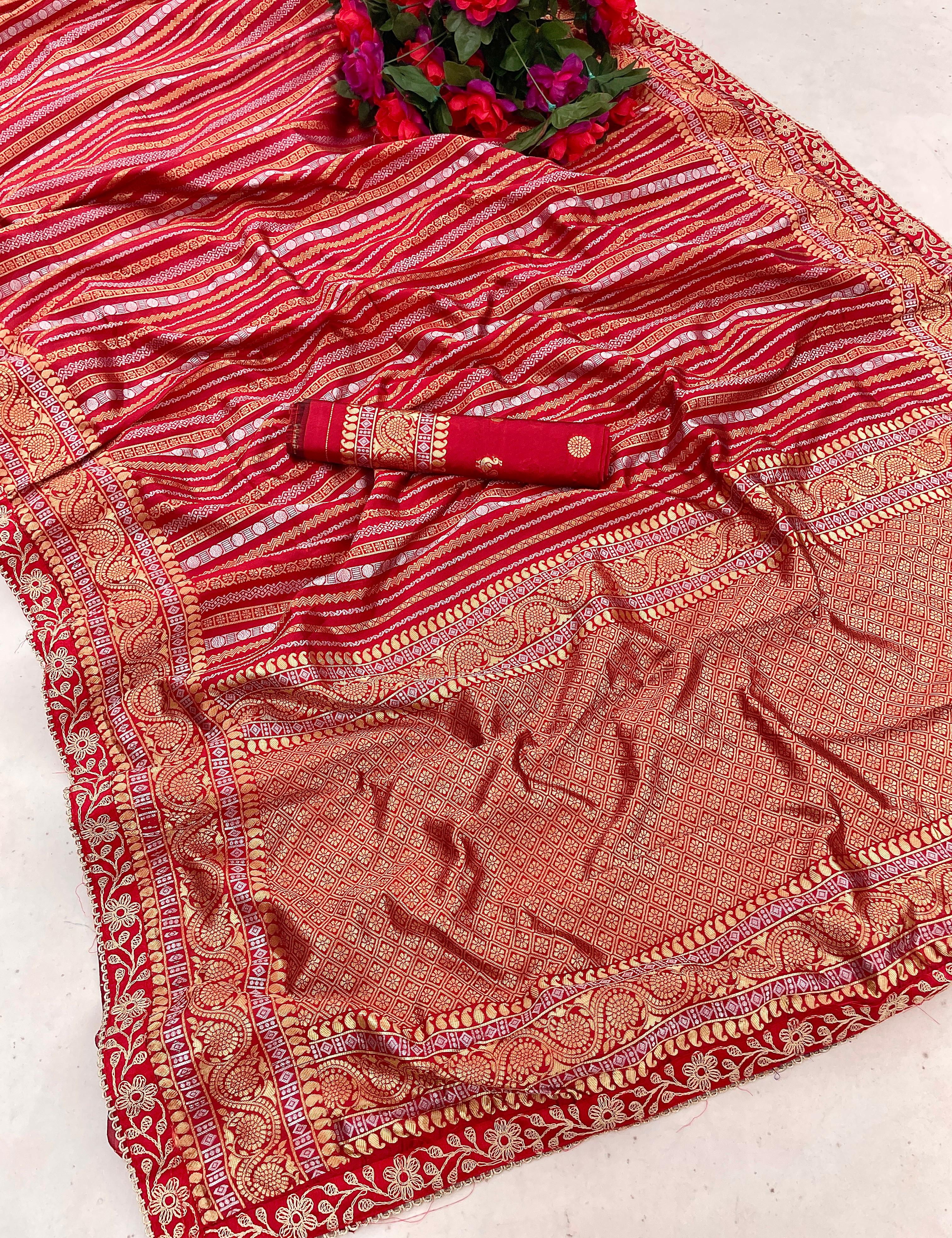 Elegant Red Soft Silk Jacquard Saree with Blouse Piece