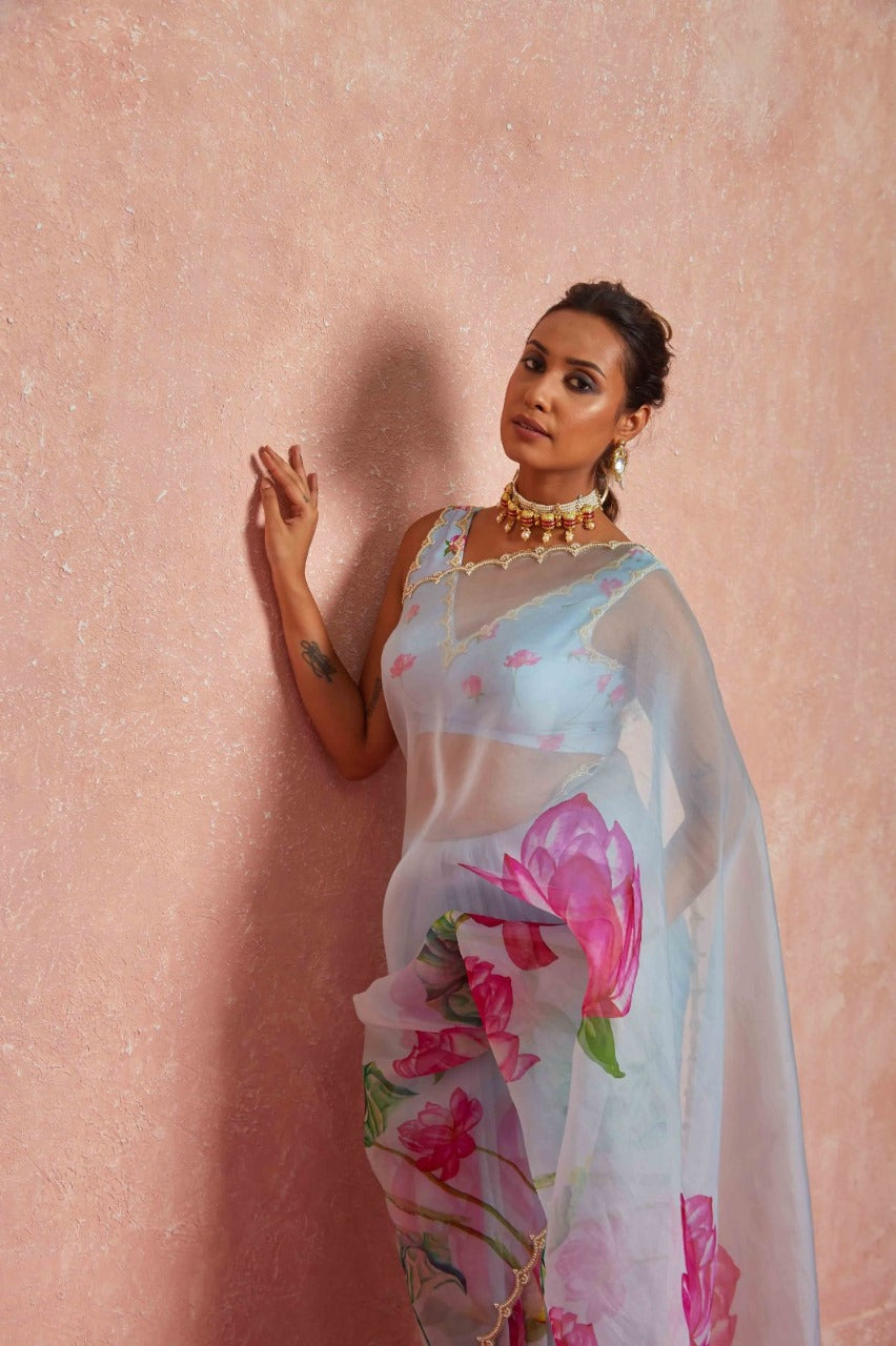 Multicolor Organza Silk Ready-to-Wear Saree with Handwork