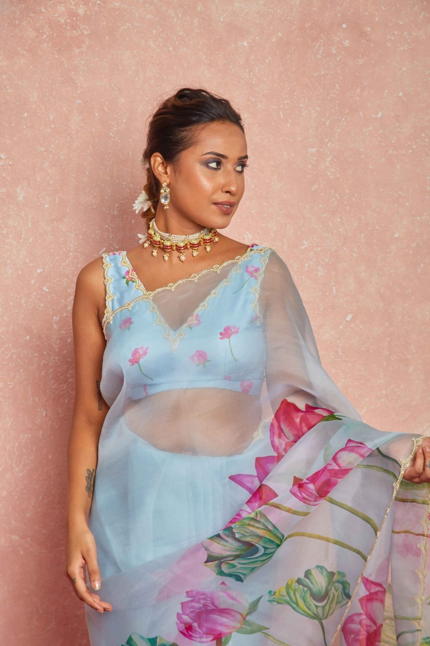 Multicolor Organza Silk Ready-to-Wear Saree with Handwork
