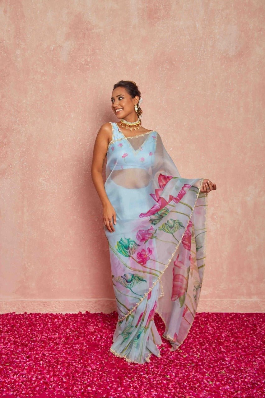 Multicolor Organza Silk Ready-to-Wear Saree with Handwork