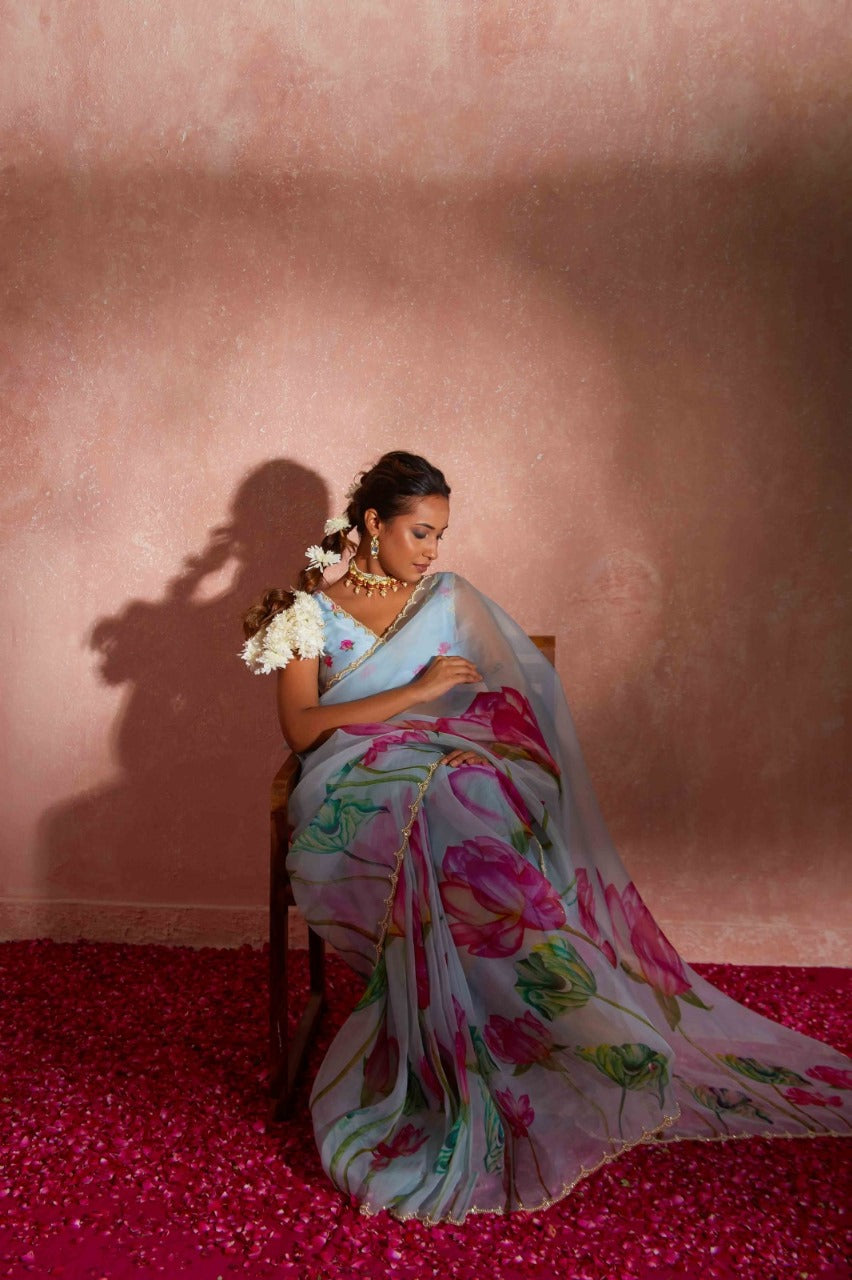 Multicolor Organza Silk Ready-to-Wear Saree with Handwork
