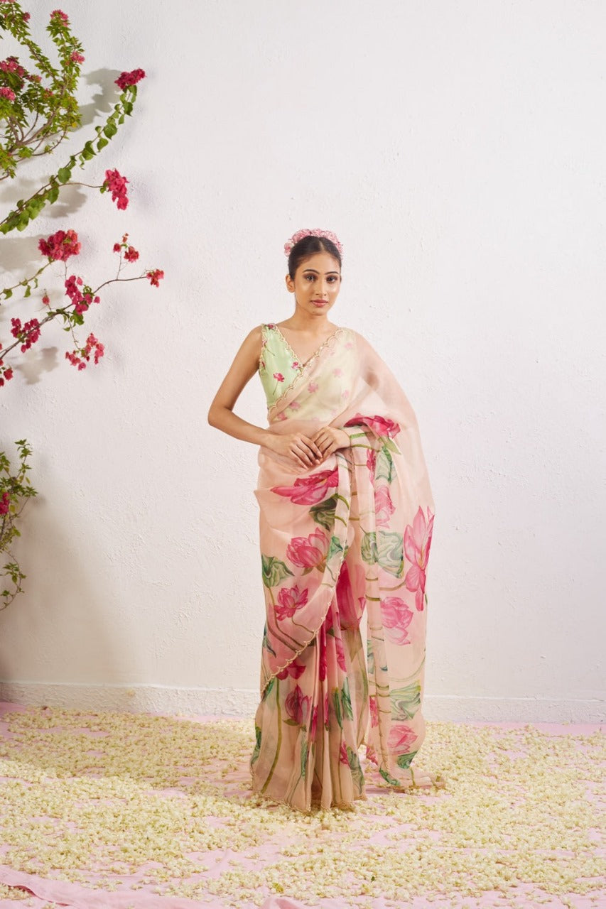 Multicolor Organza Silk Ready-to-Wear Saree with Handwork
