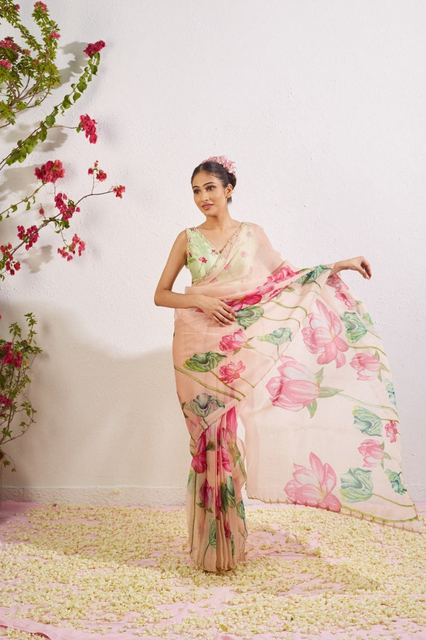 Multicolor Organza Silk Ready-to-Wear Saree with Handwork