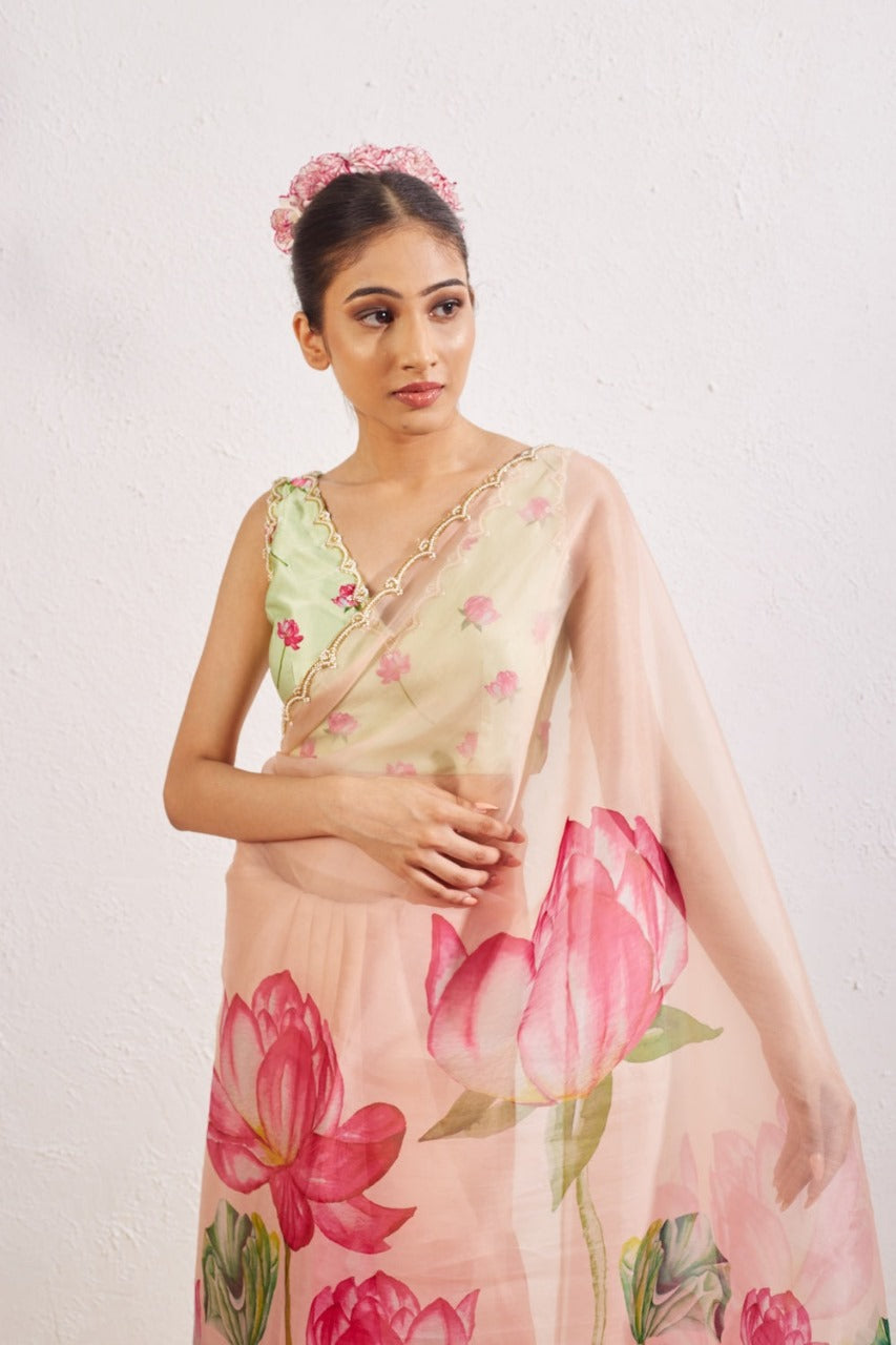 Multicolor Organza Silk Ready-to-Wear Saree with Handwork