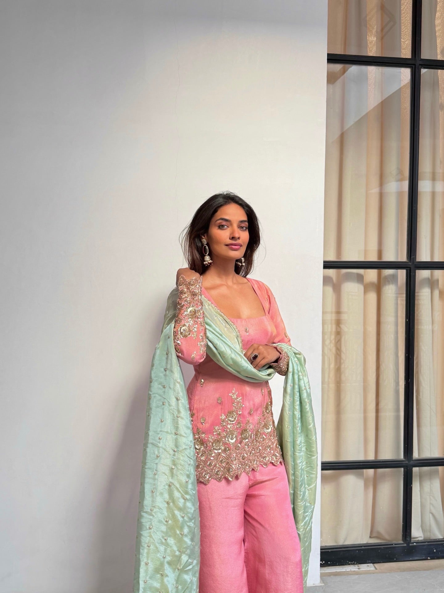 Designer Party Wear Shimmer Silk Sharara Set