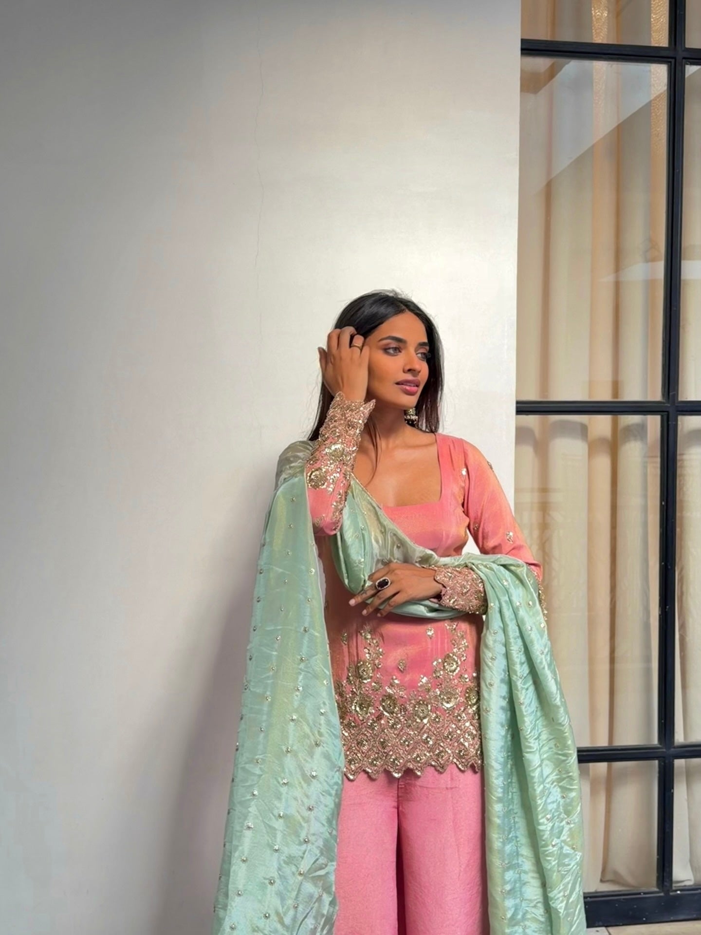 Designer Party Wear Shimmer Silk Sharara Set
