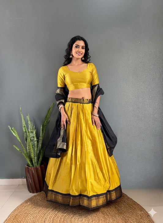Mustard Yellow & Black Woven Cotton Lehenga Set
