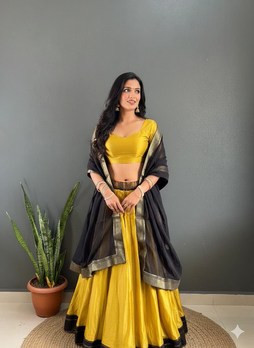 Mustard Yellow & Black Woven Cotton Lehenga Set