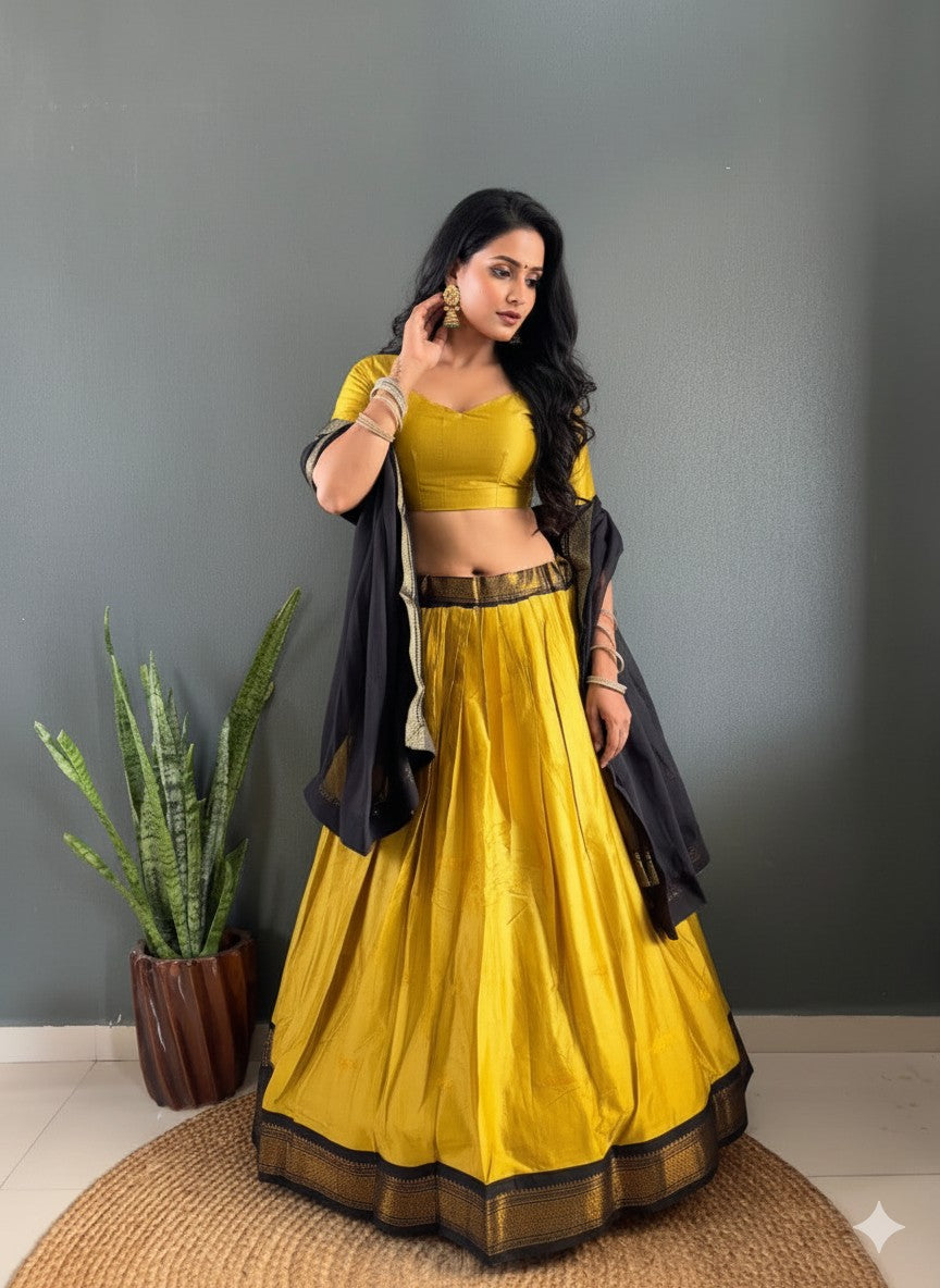 Mustard Yellow & Black Woven Cotton Lehenga Set
