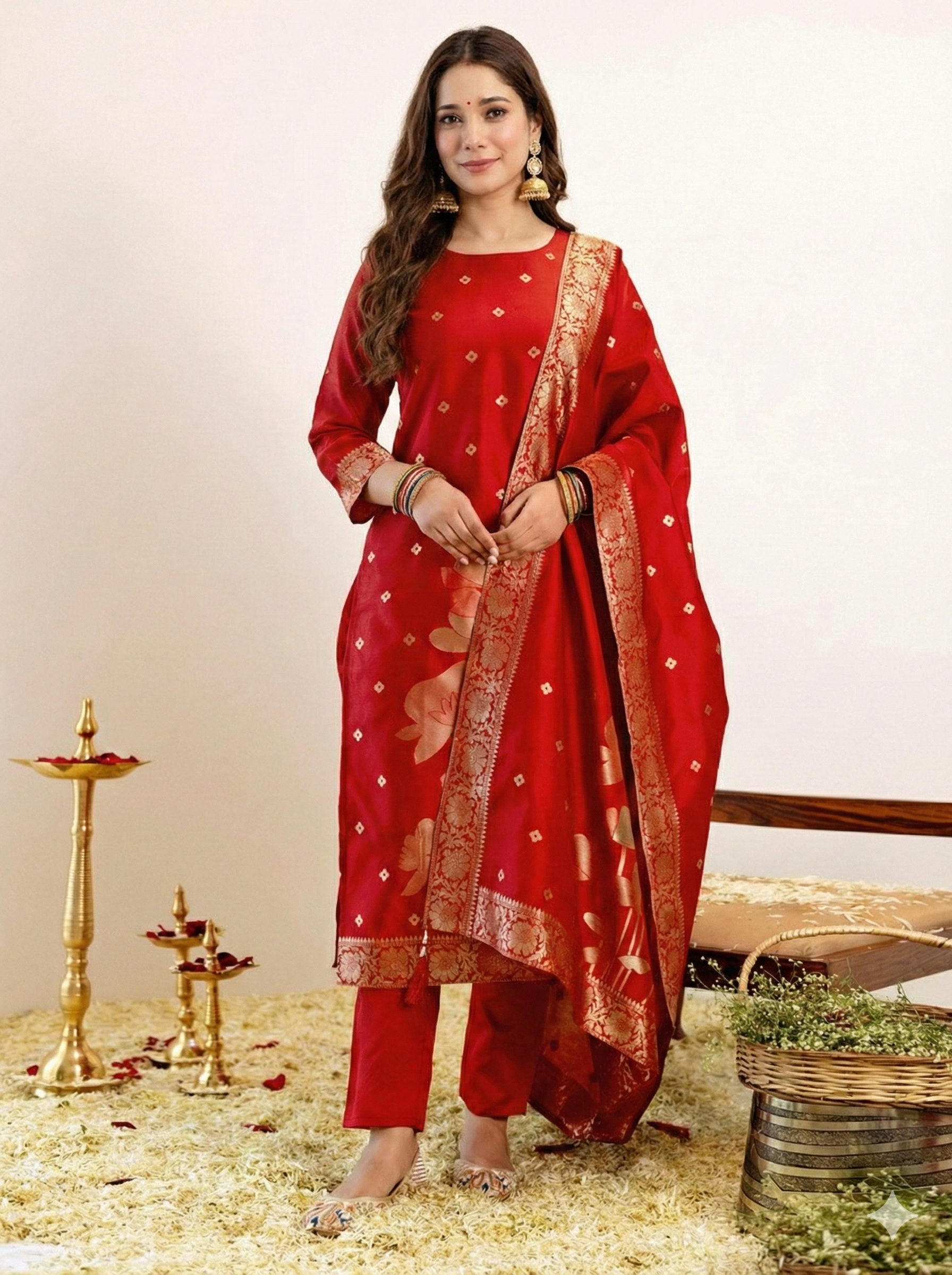 Elegant Art Silk Jacquard Kurti Set with Dupatta