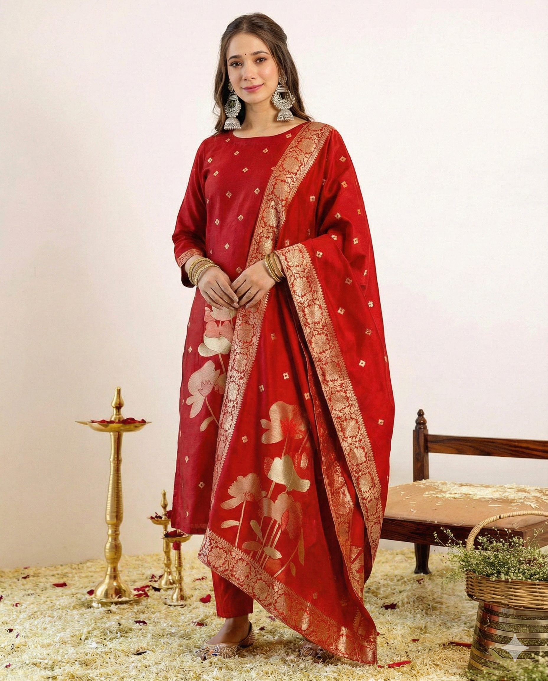 Elegant Art Silk Jacquard Kurti Set with Dupatta
