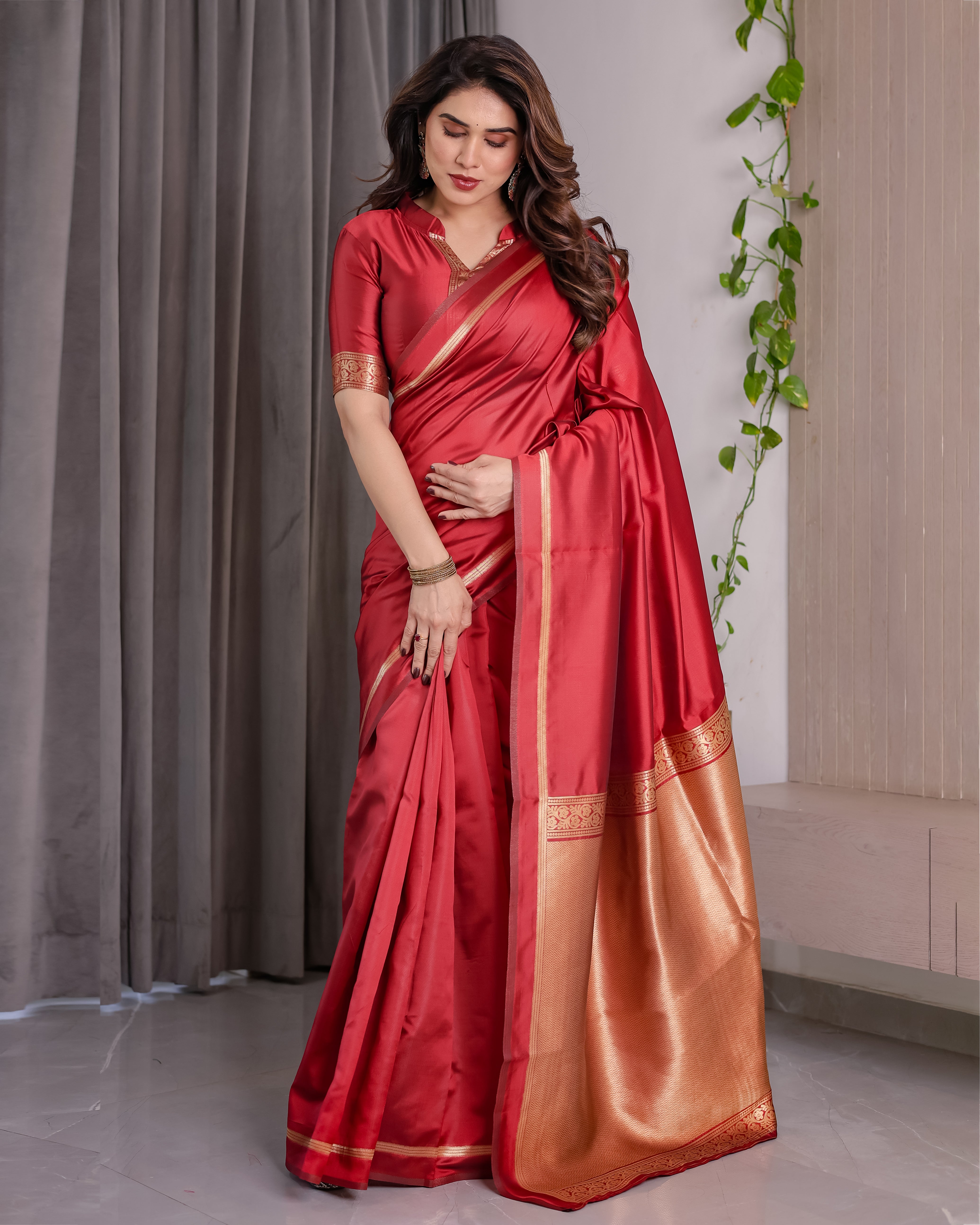 Classic Royal Red Zari Woven Lichi Silk Saree
