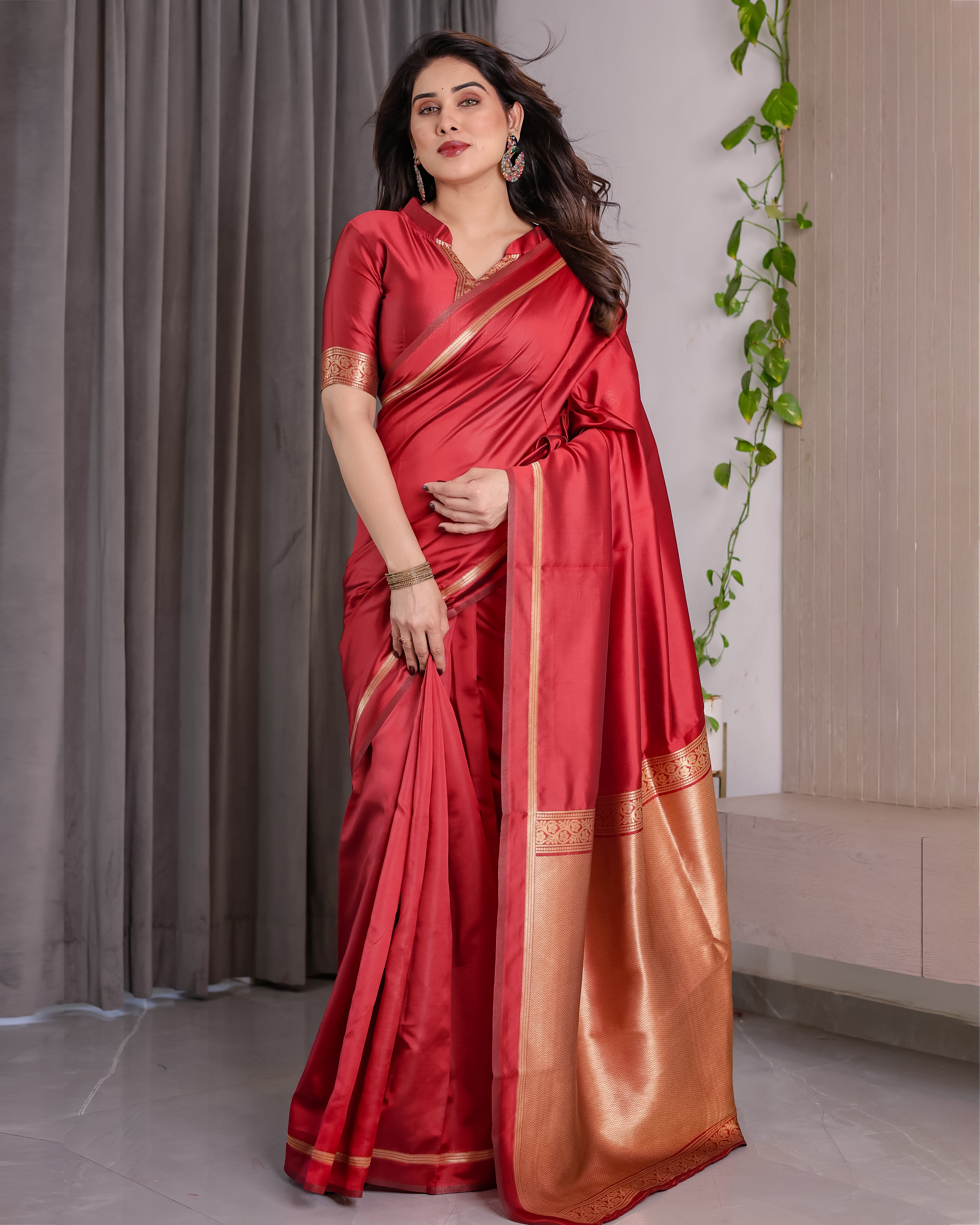 Classic Royal Red Zari Woven Lichi Silk Saree