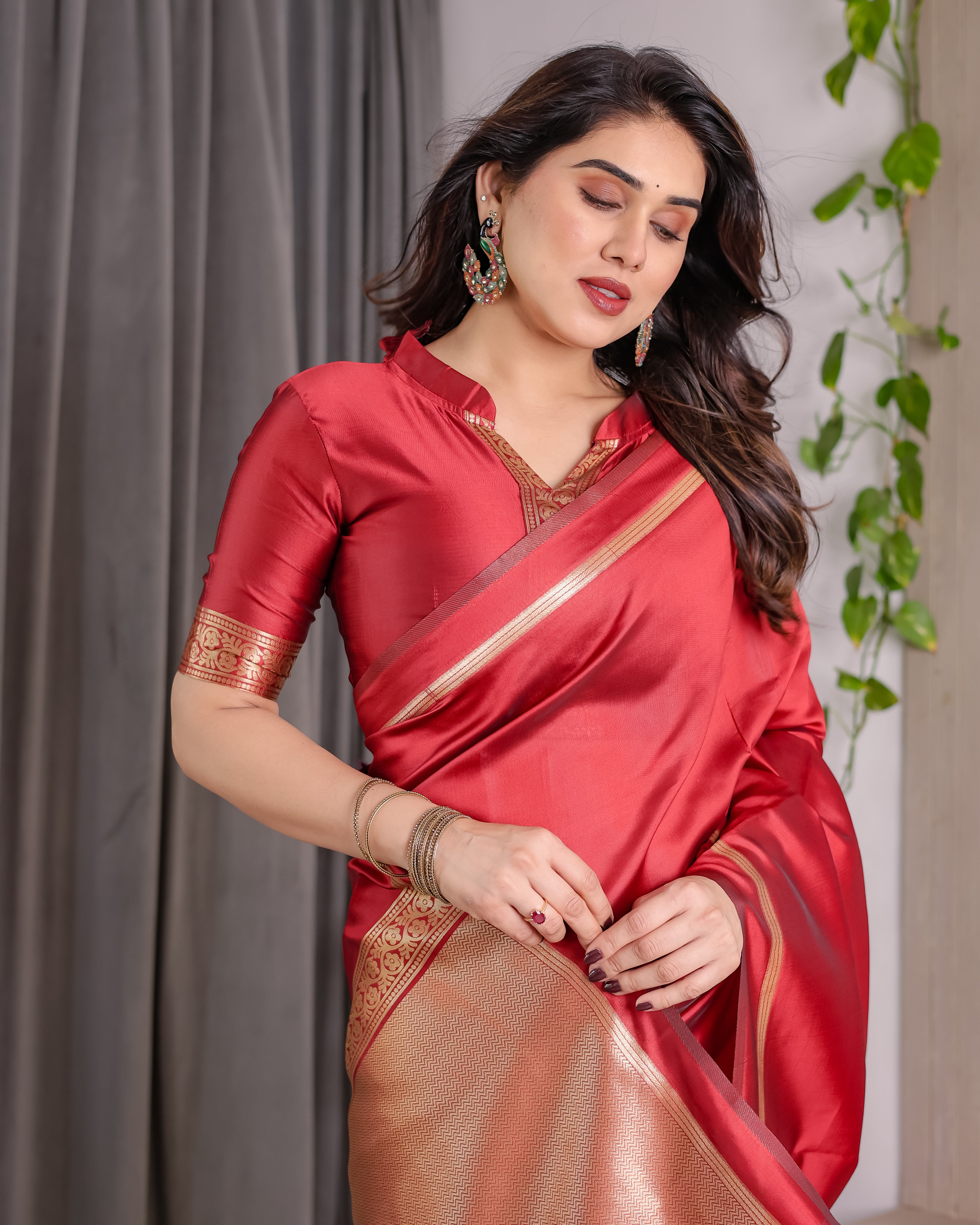 Classic Royal Red Zari Woven Lichi Silk Saree