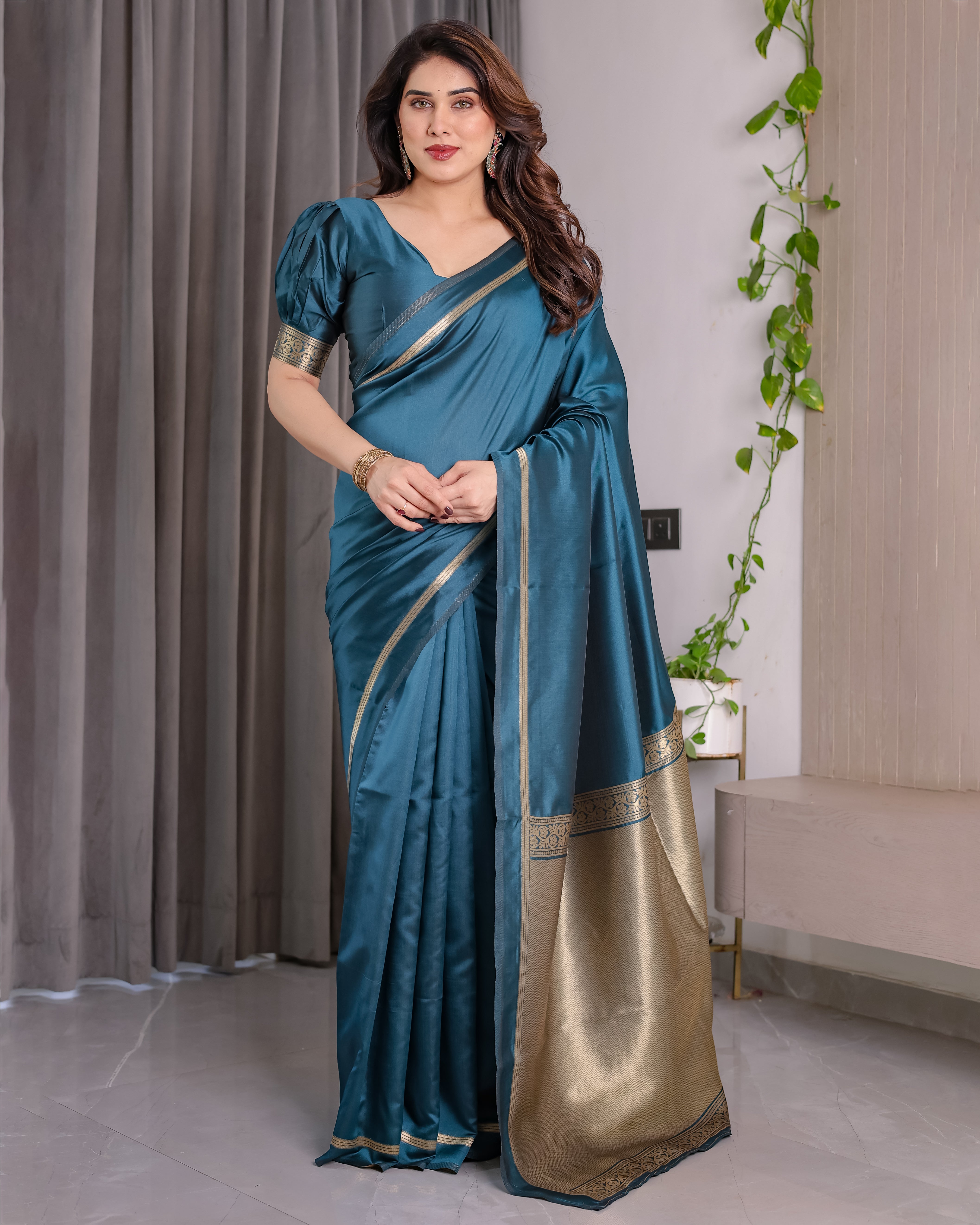 Royal Rama Blue Soft Lichi Silk Zari Saree