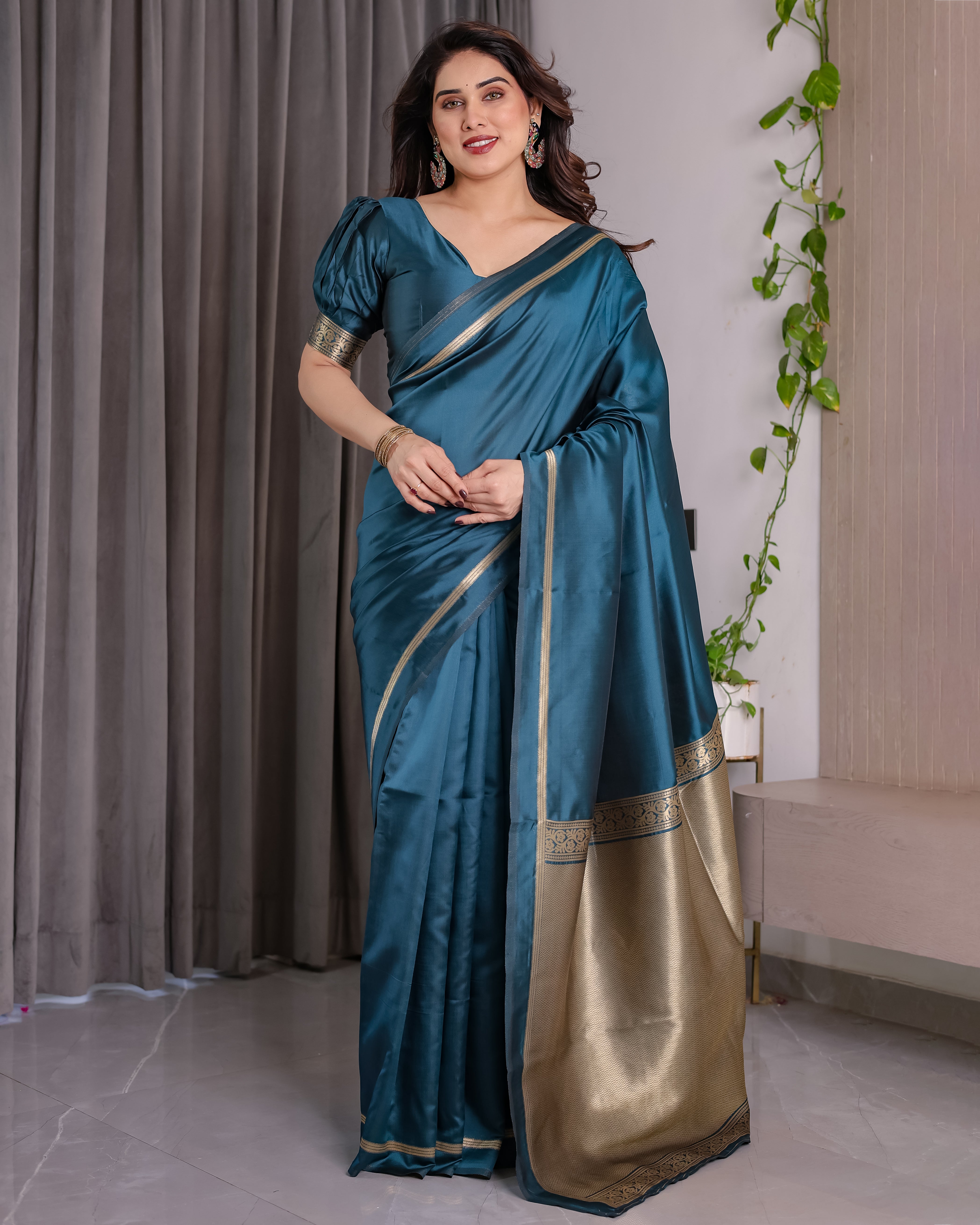 Royal Rama Blue Soft Lichi Silk Zari Saree