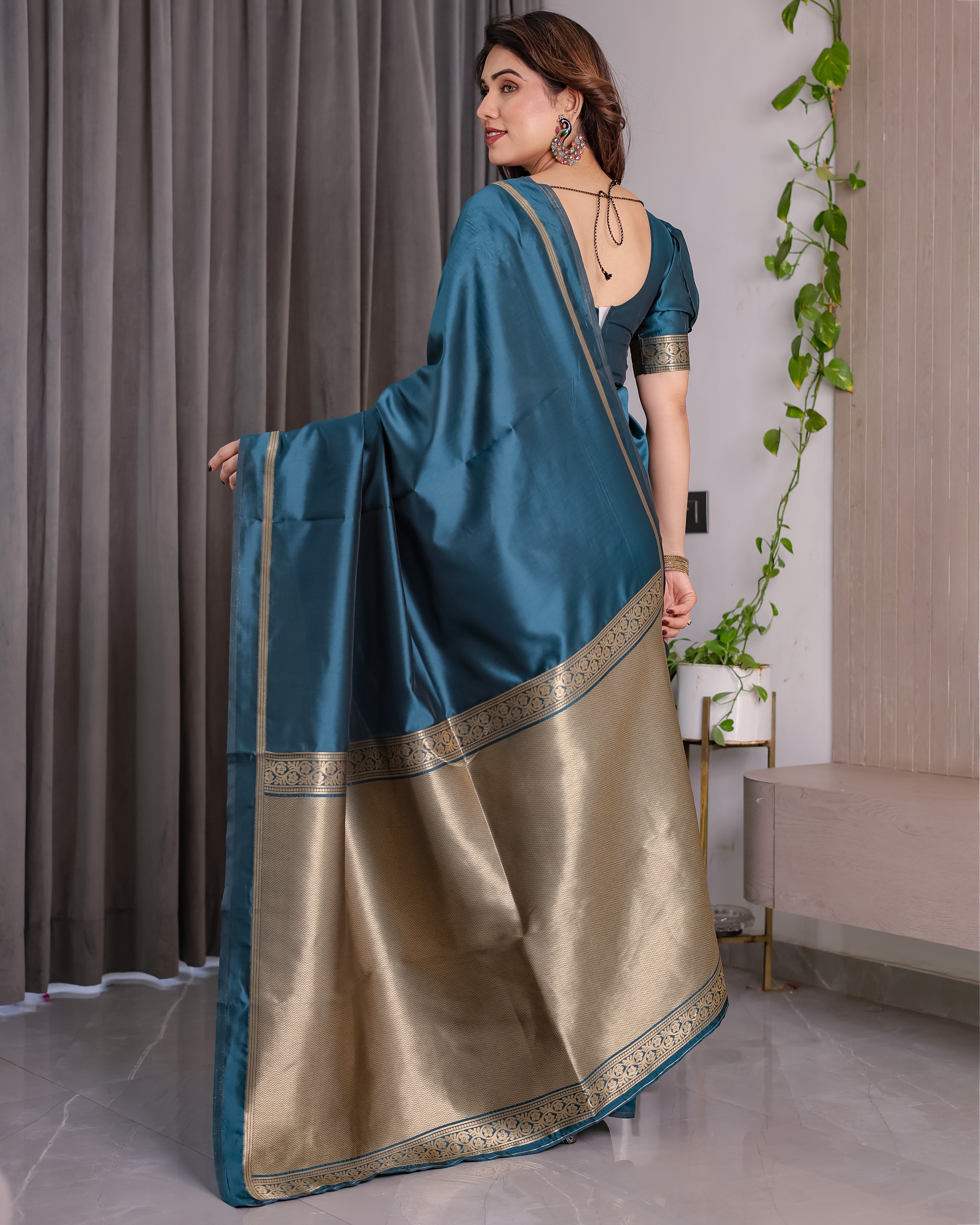 Royal Rama Blue Soft Lichi Silk Zari Saree