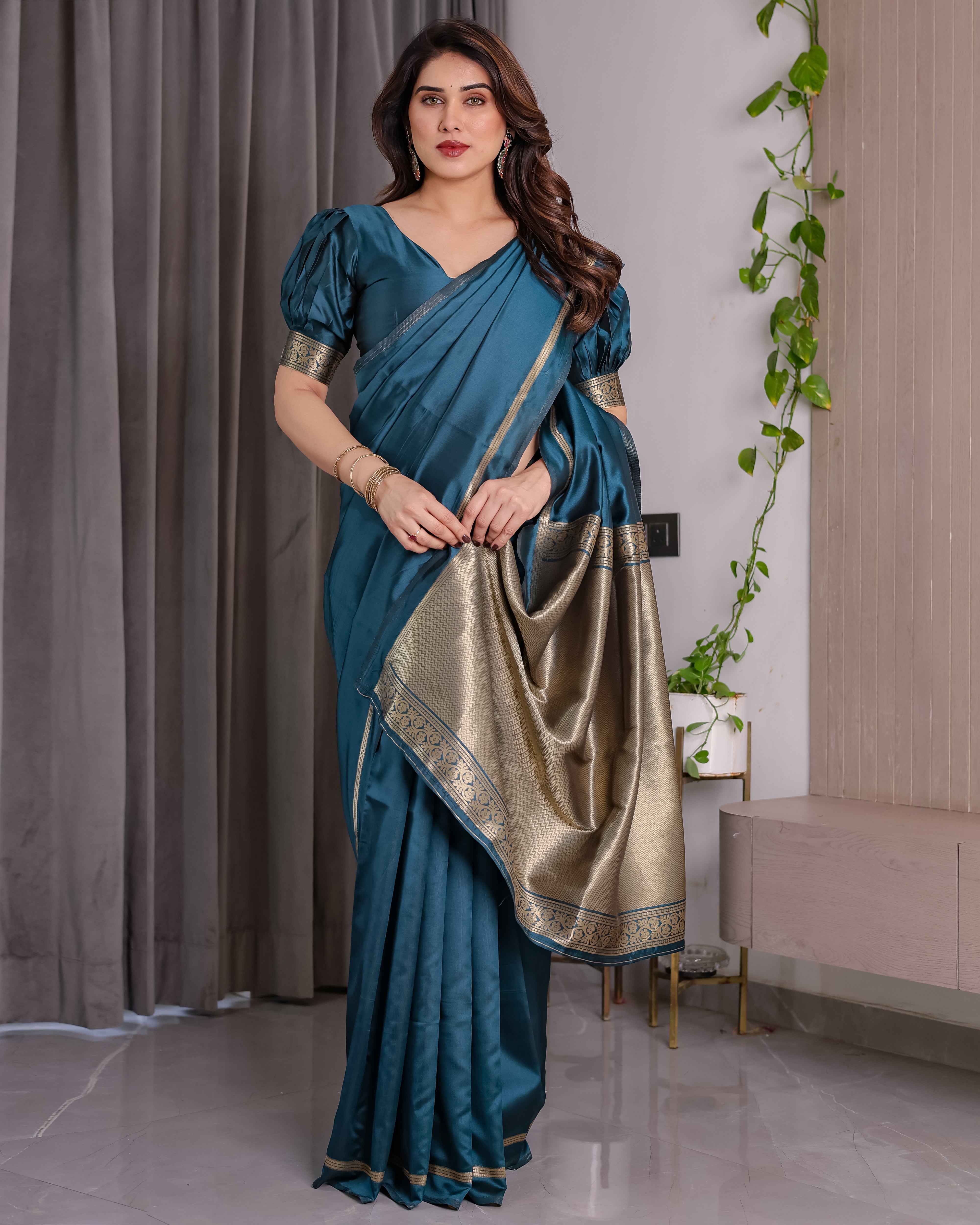 Royal Rama Blue Soft Lichi Silk Zari Saree