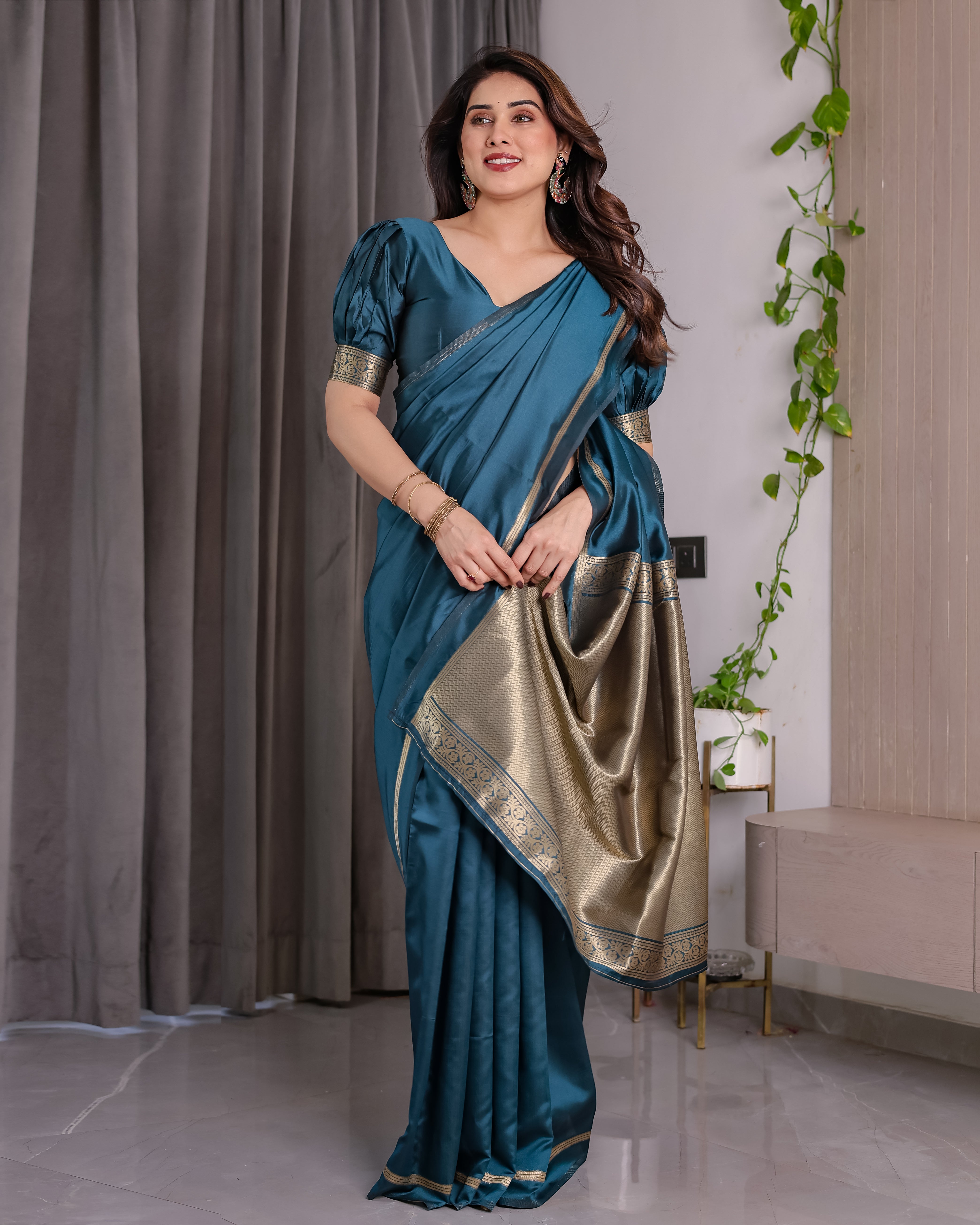 Royal Rama Blue Soft Lichi Silk Zari Saree