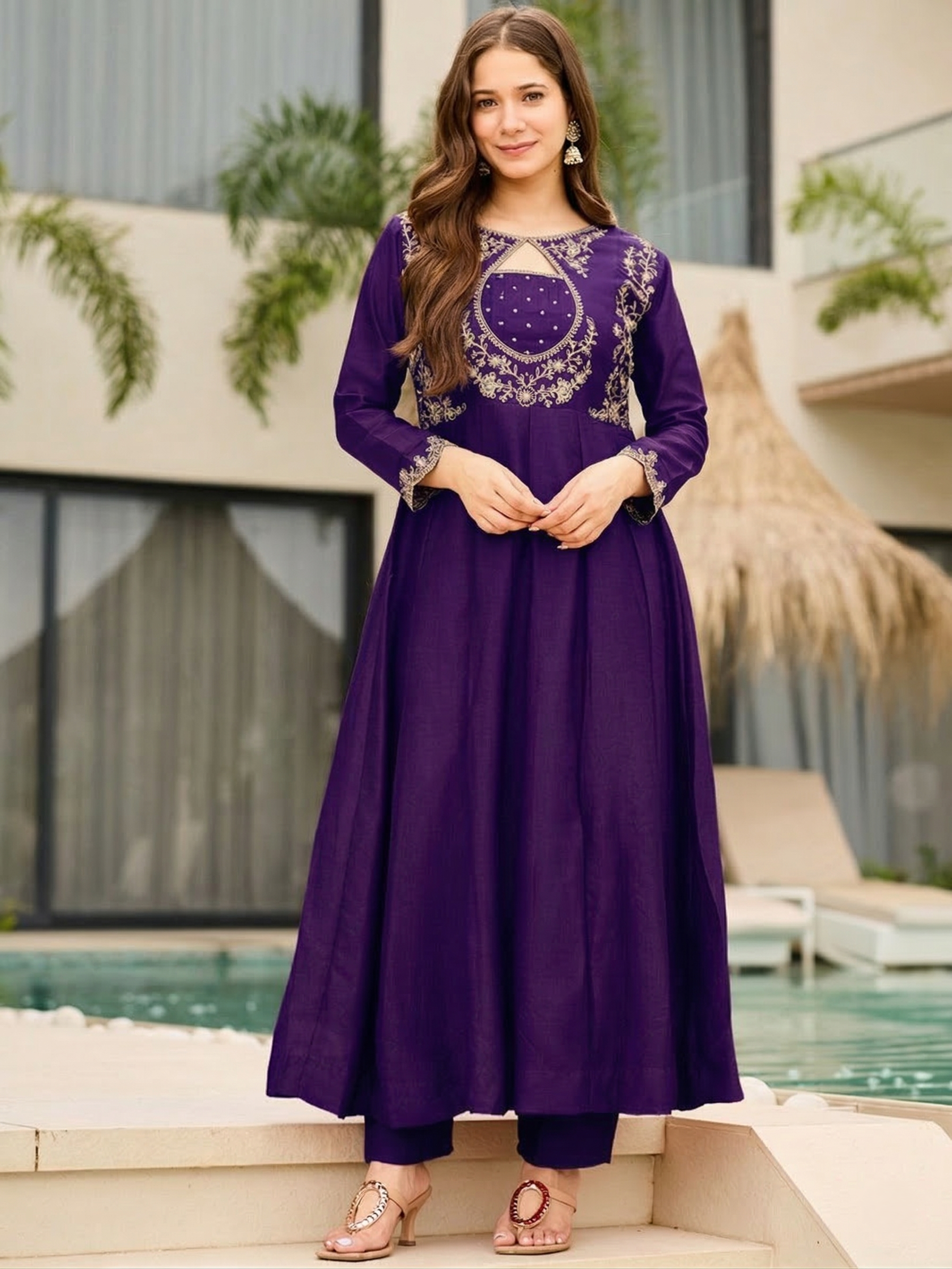 Vichitra Fabric Embroidered Kurti Pant Dupatta Set