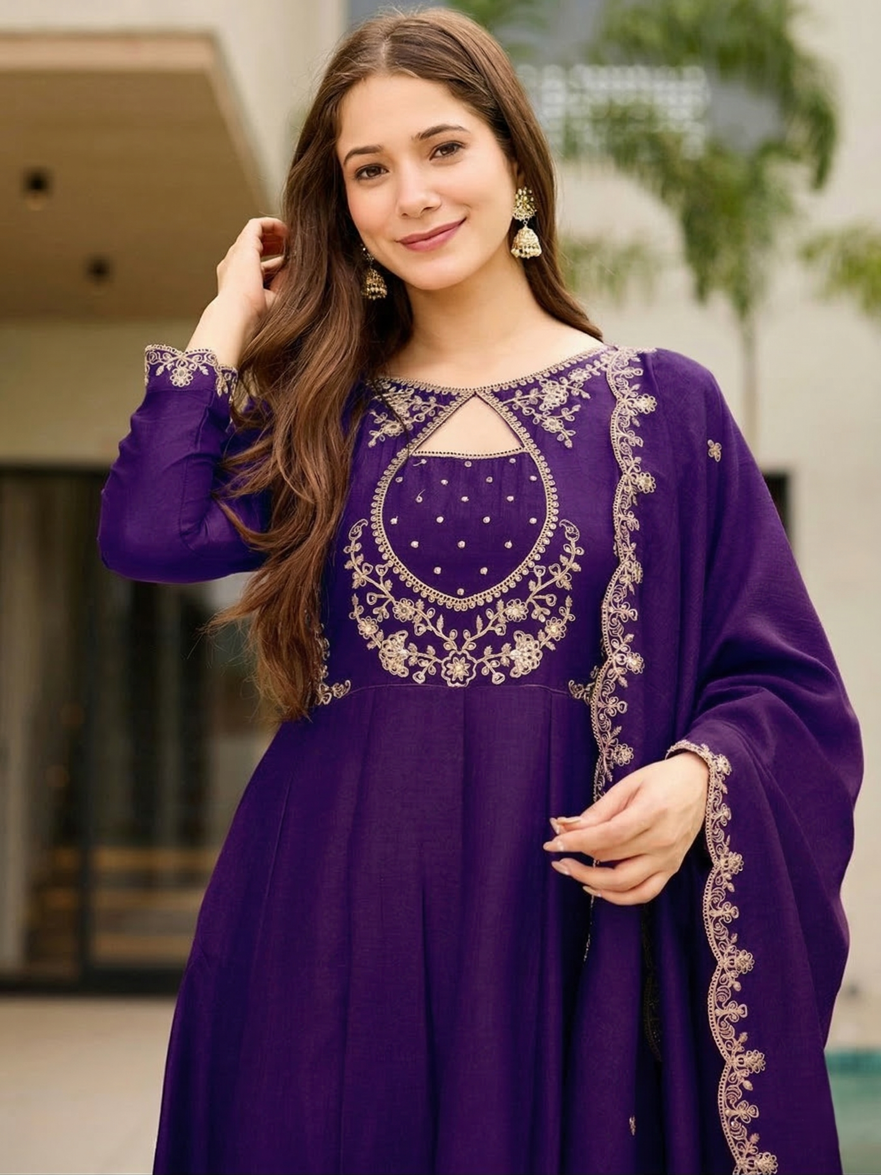 Vichitra Fabric Embroidered Kurti Pant Dupatta Set