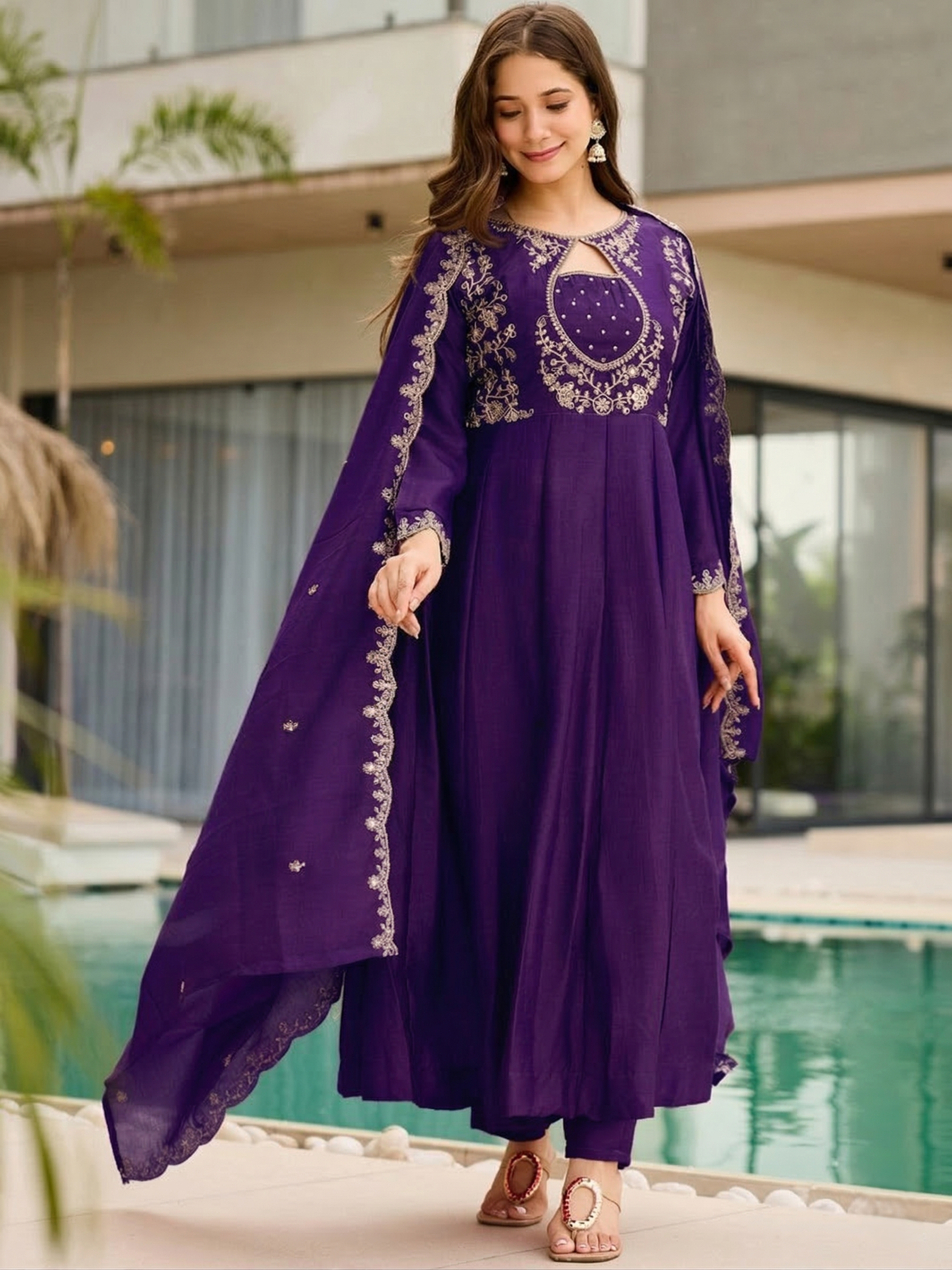 Vichitra Fabric Embroidered Kurti Pant Dupatta Set