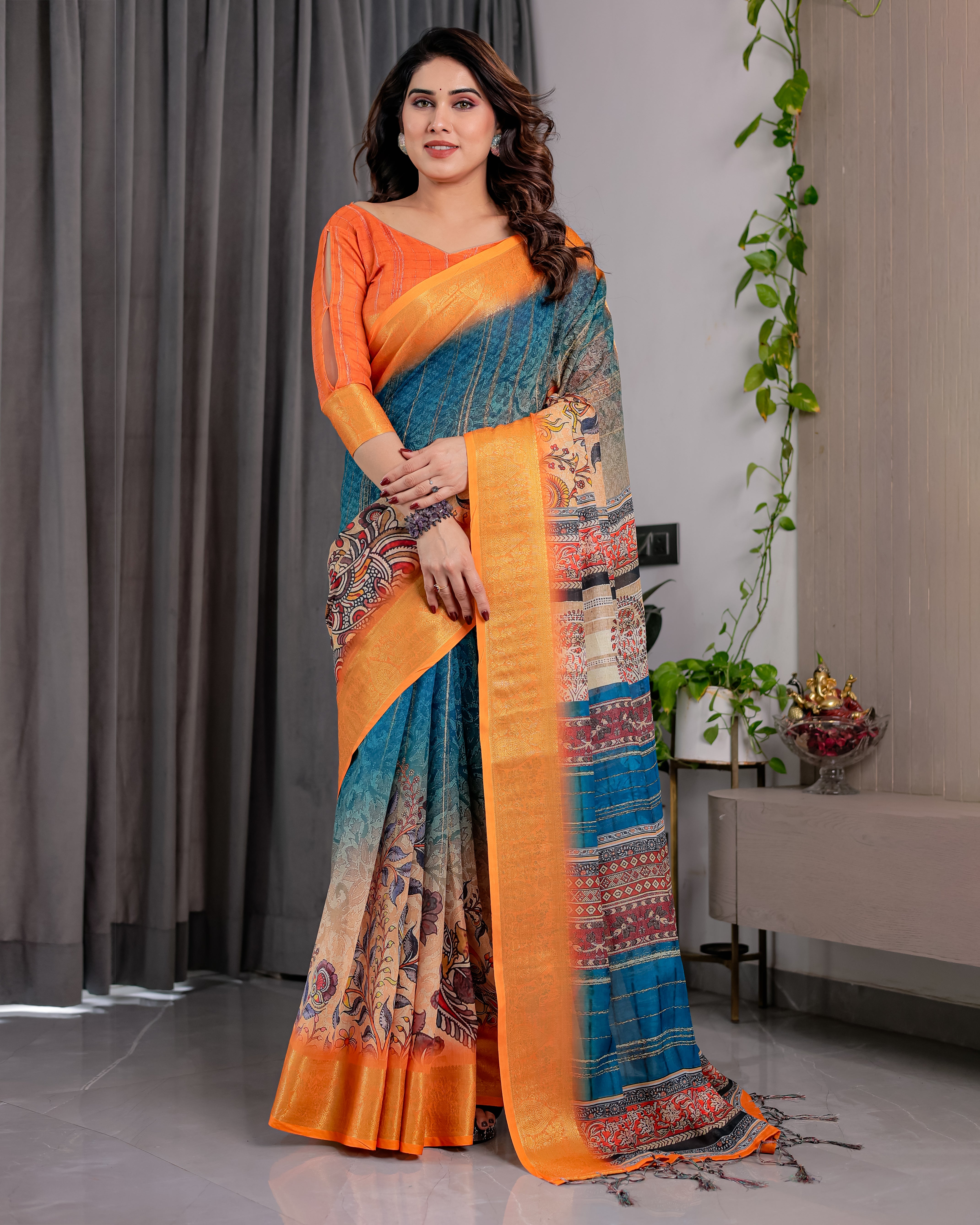 Lotusvastra Pure Handloom Linen Floral Saree