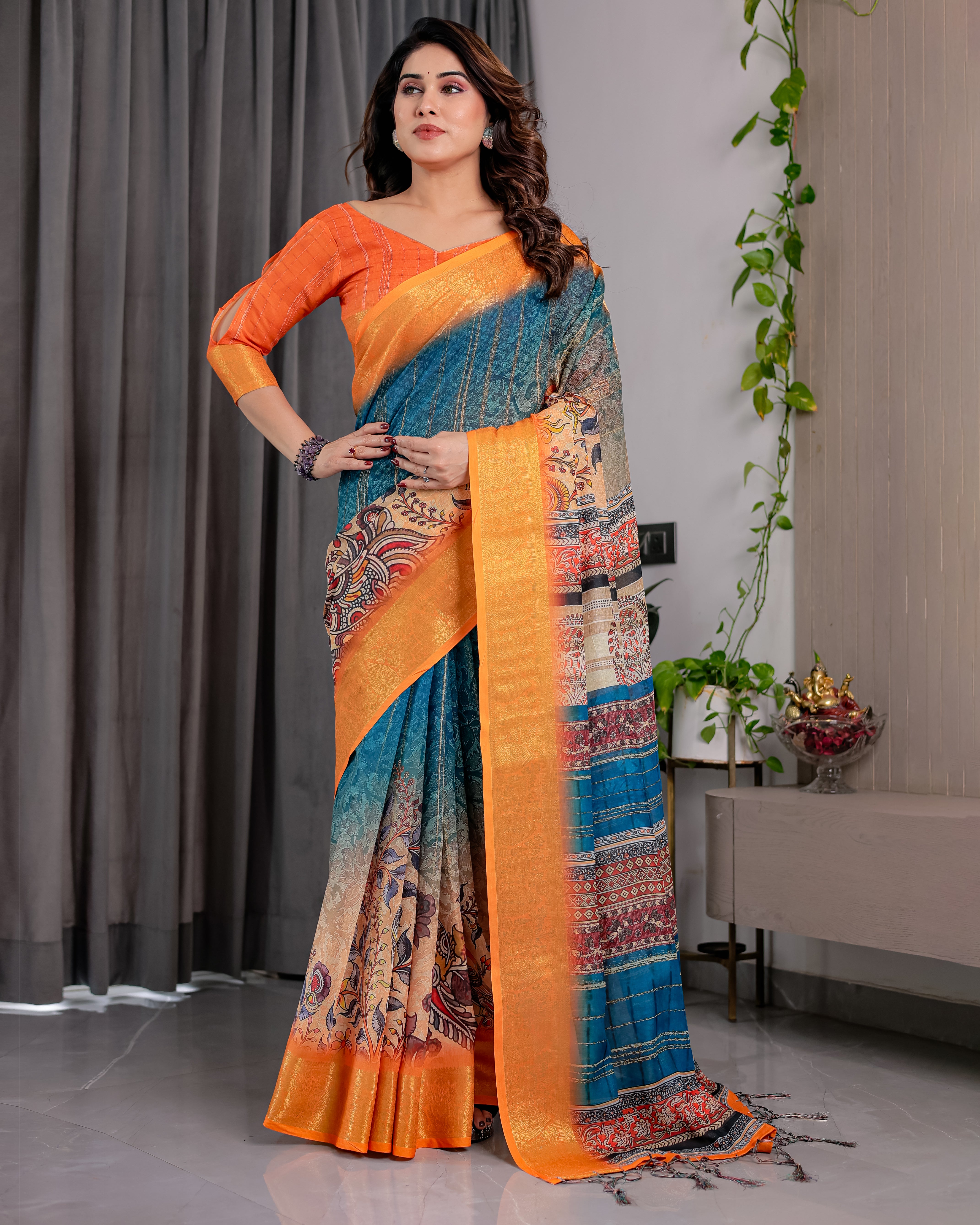 Lotusvastra Pure Handloom Linen Floral Saree