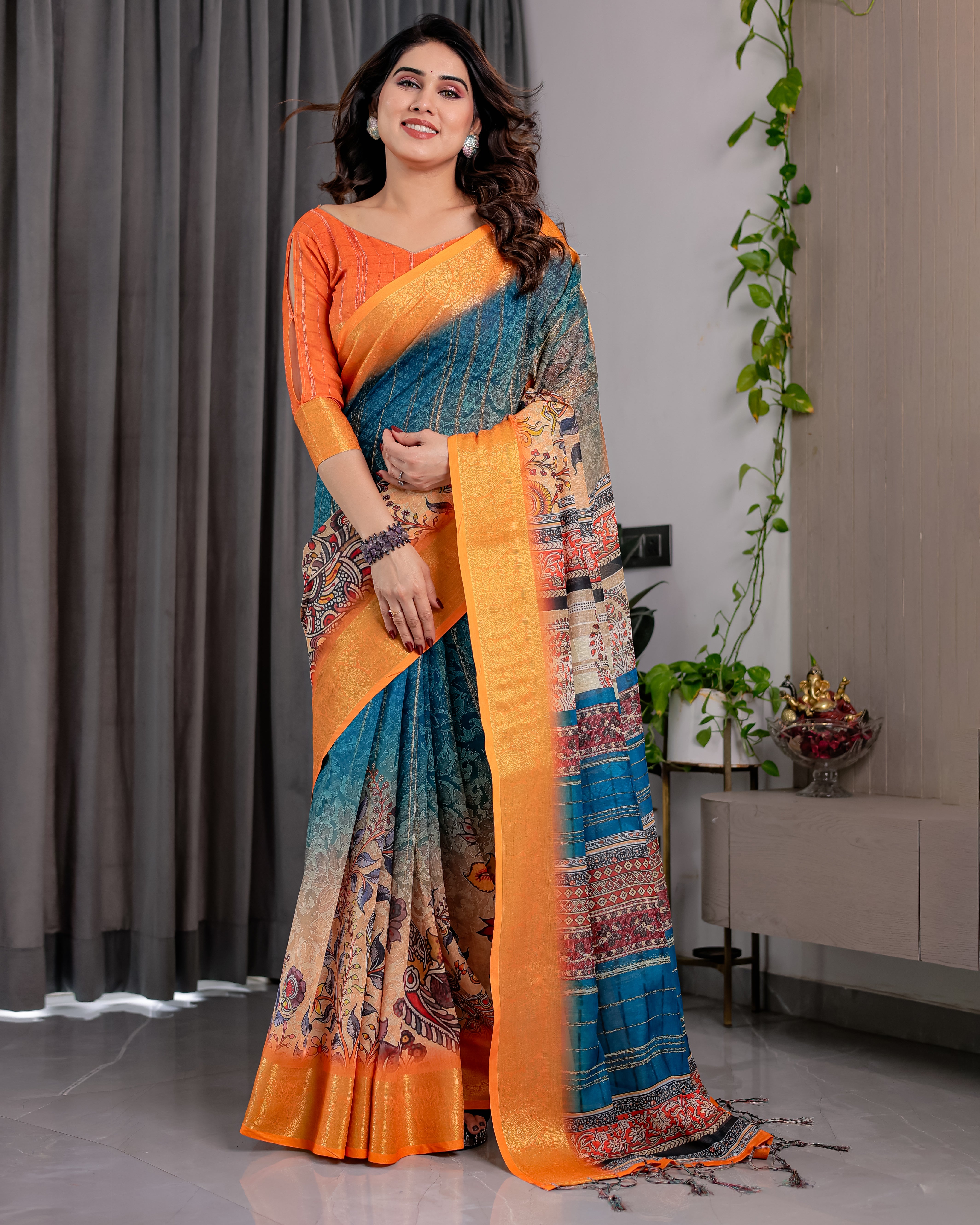 Lotusvastra Pure Handloom Linen Floral Saree