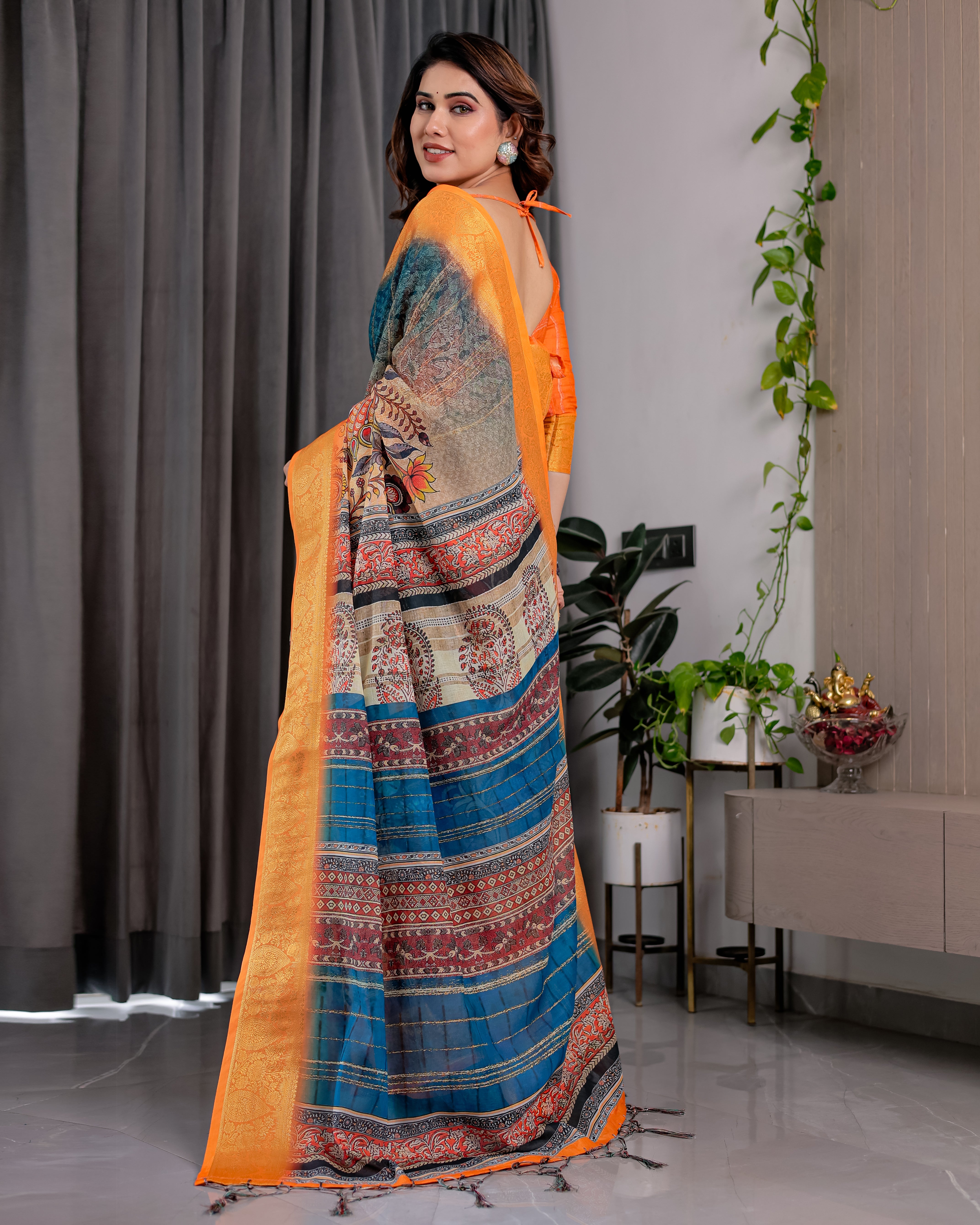 Lotusvastra Pure Handloom Linen Floral Saree
