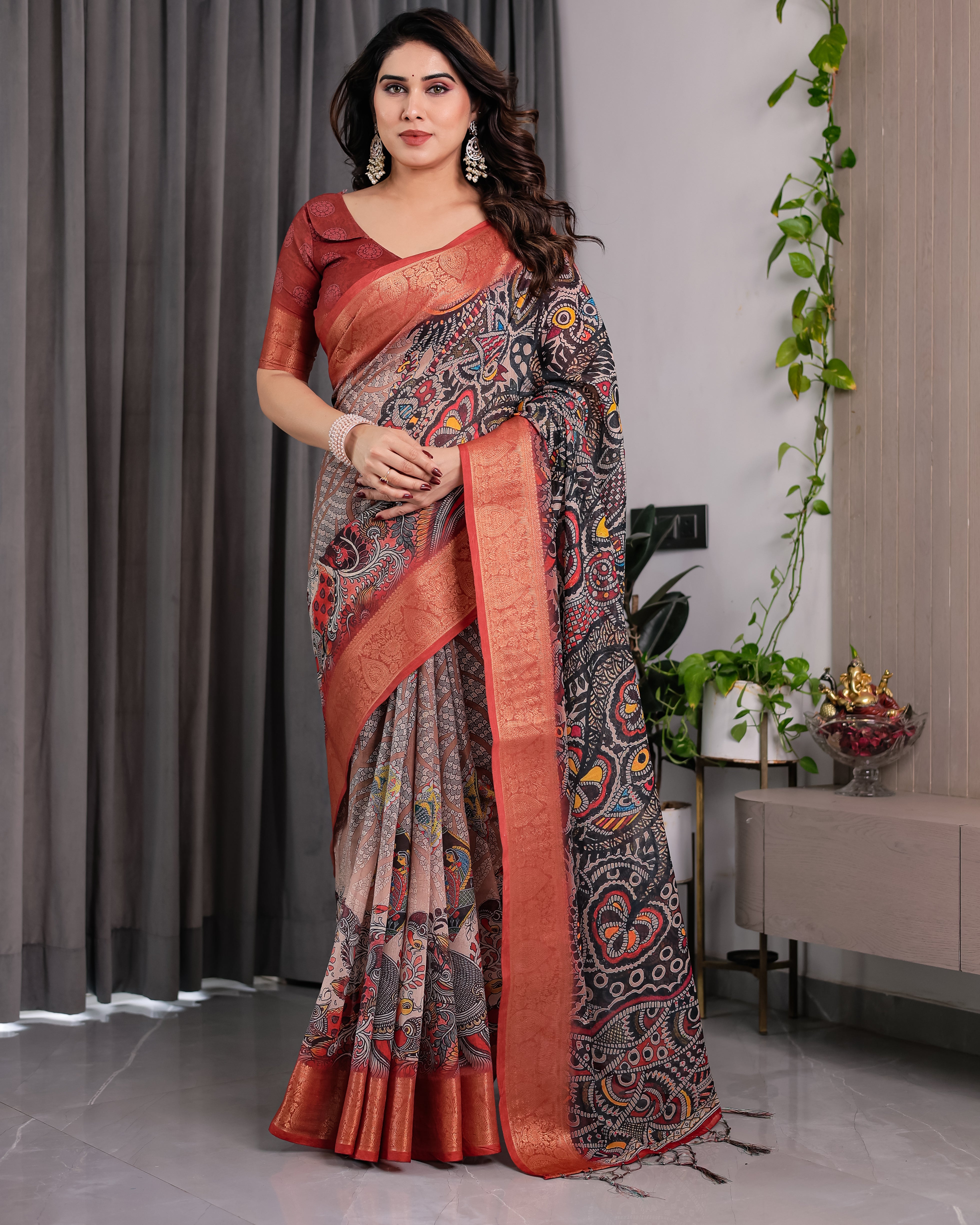 Pure Handloom Linen Floral Printed Saree with Zari Border