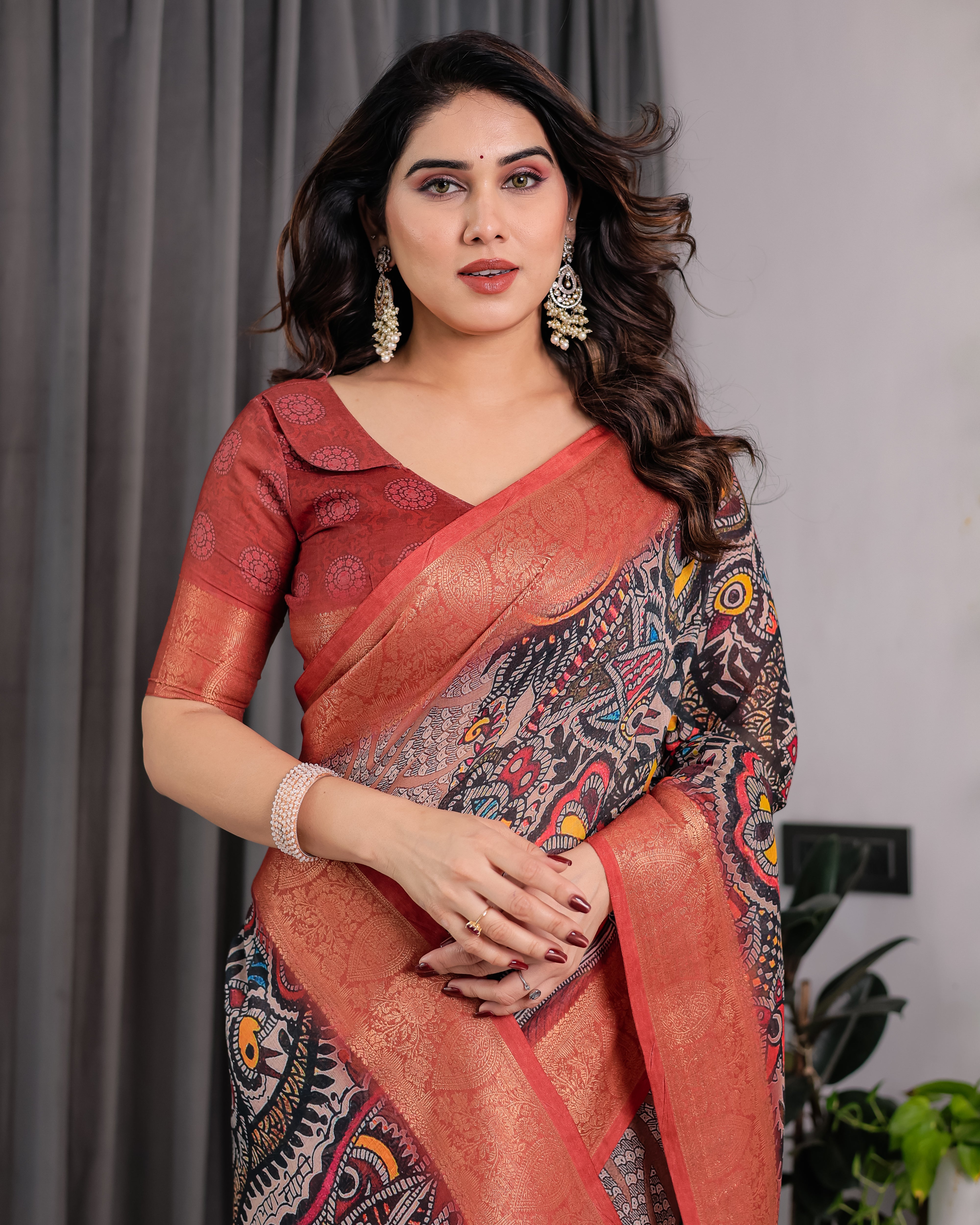 Pure Handloom Linen Floral Printed Saree with Zari Border