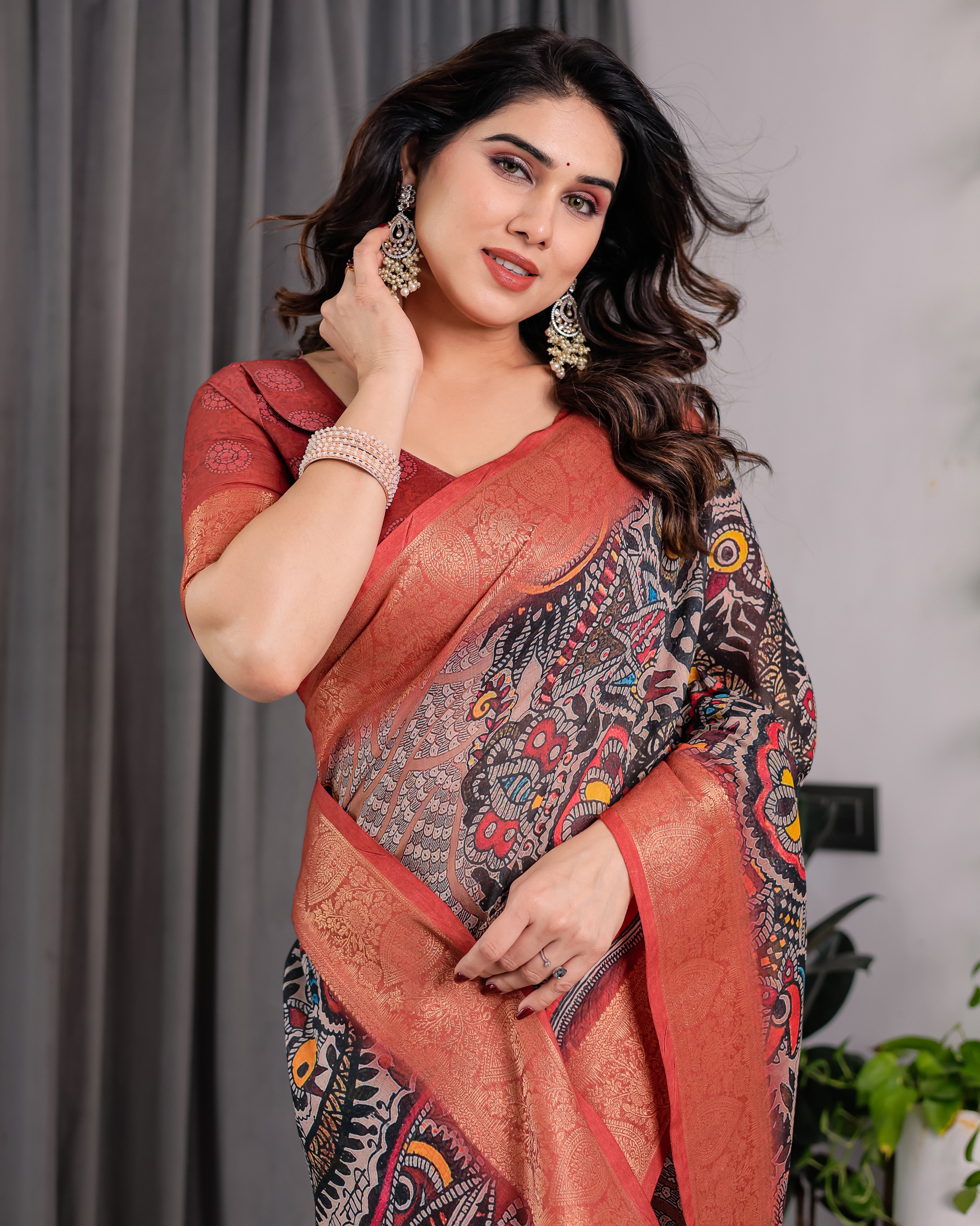 Pure Handloom Linen Floral Printed Saree with Zari Border