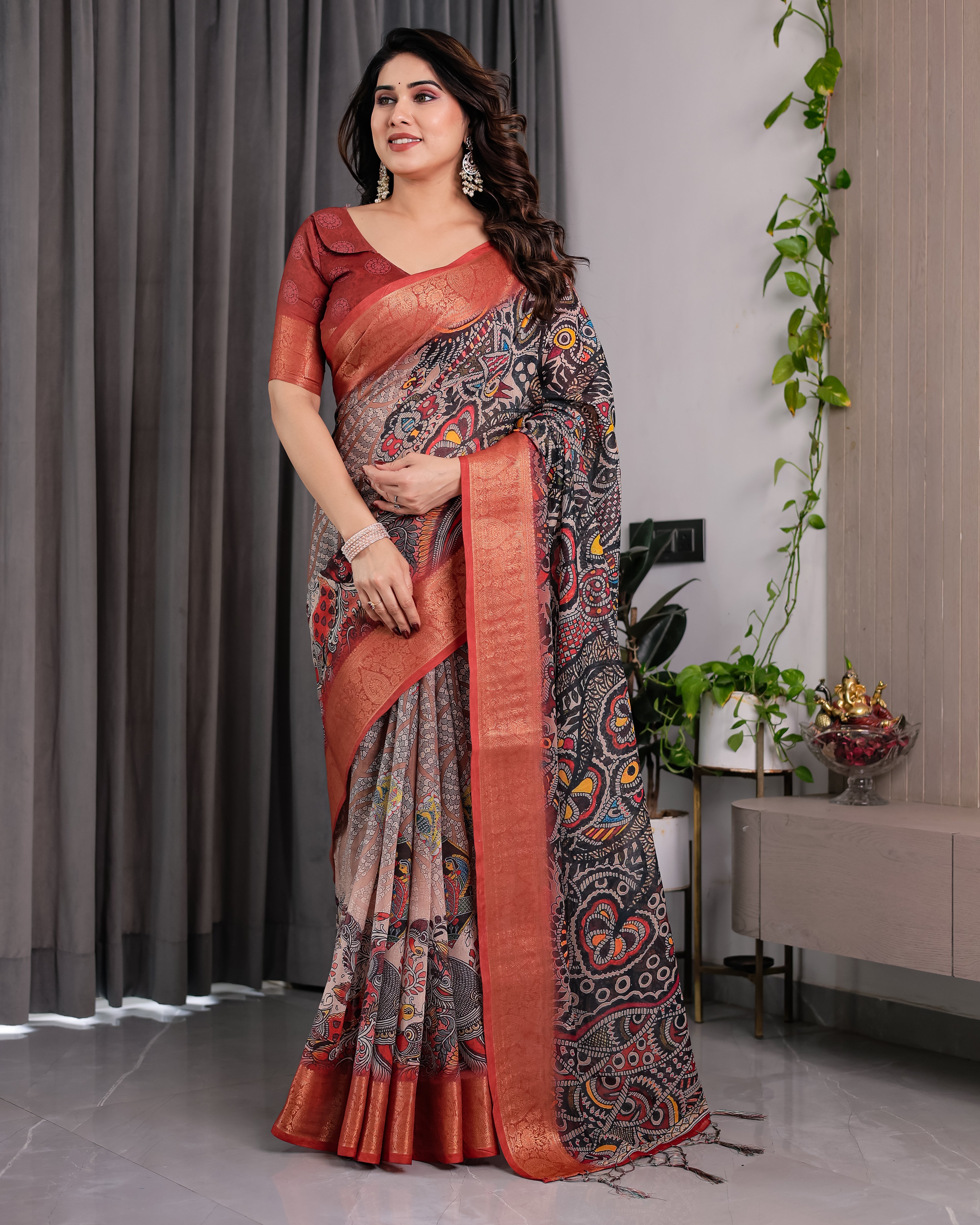 Pure Handloom Linen Floral Printed Saree with Zari Border