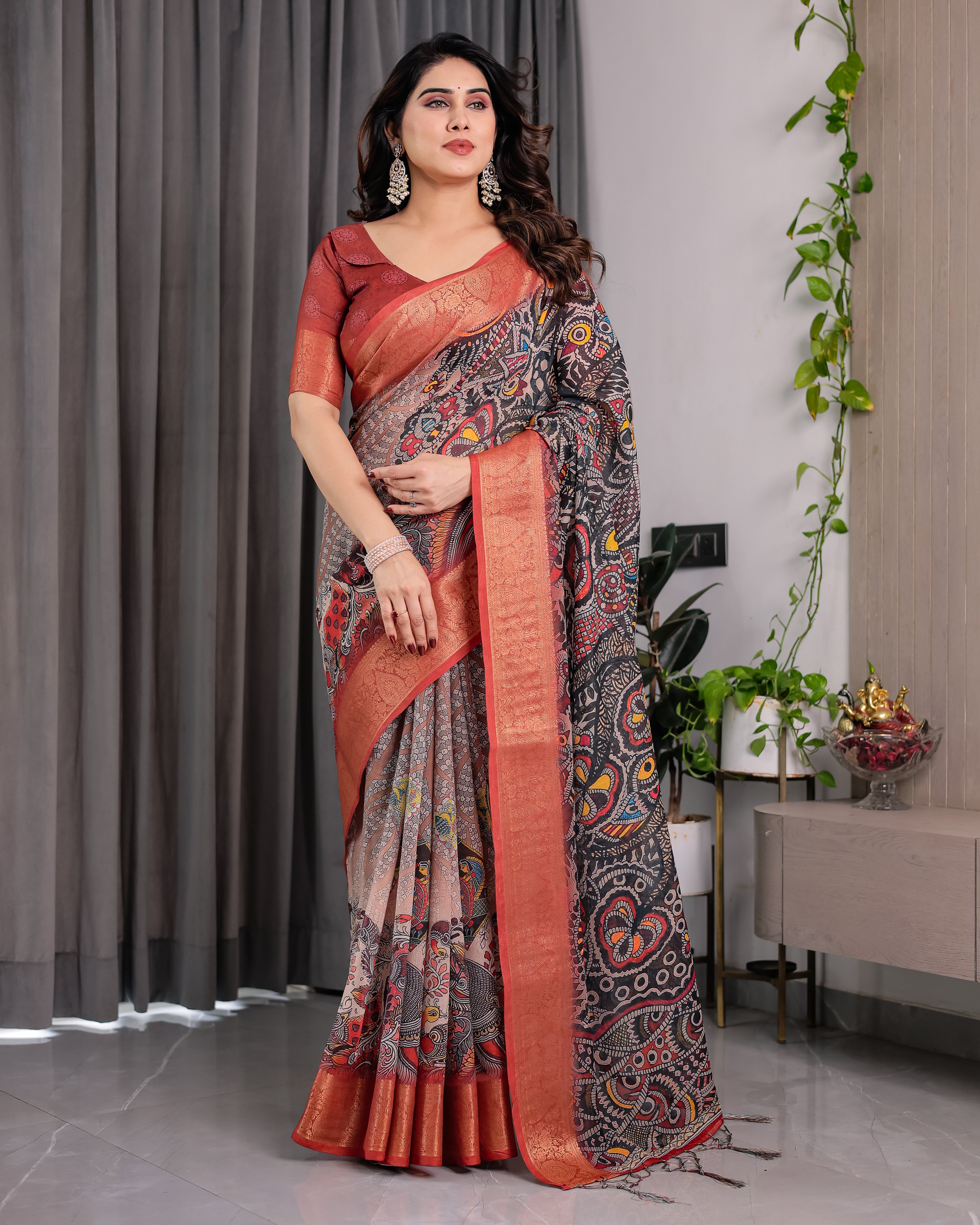 Pure Handloom Linen Floral Printed Saree with Zari Border