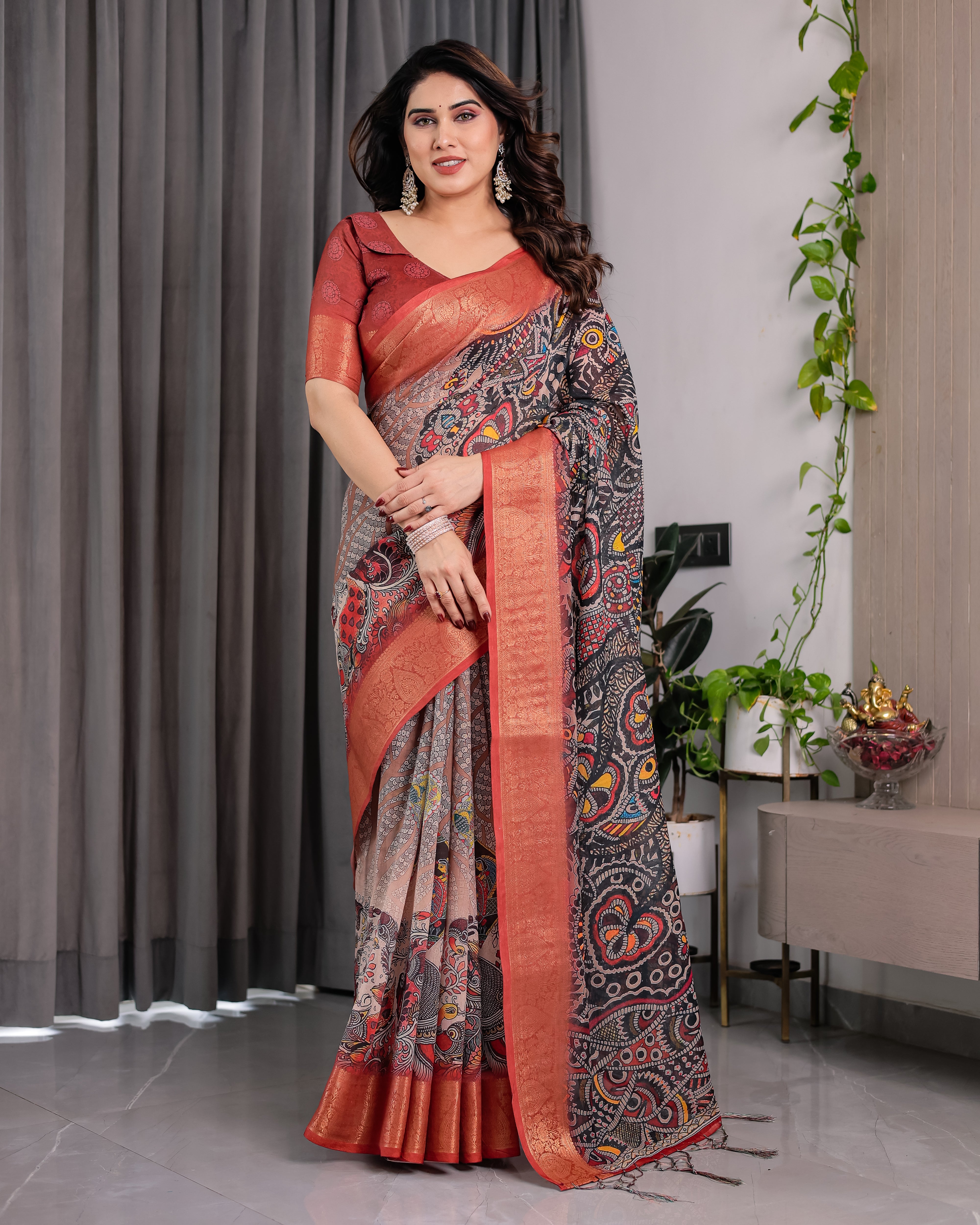 Pure Handloom Linen Floral Printed Saree with Zari Border