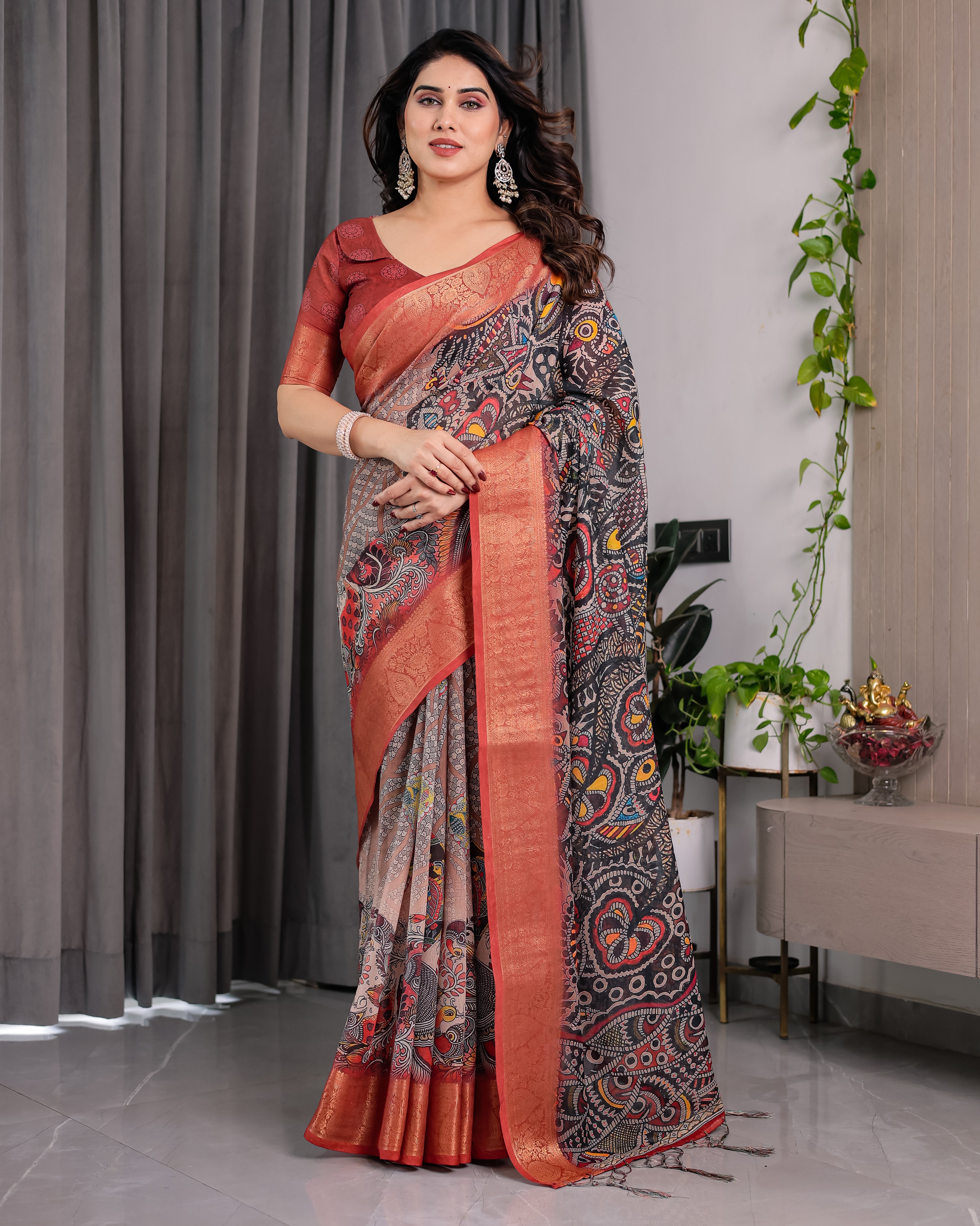 Pure Handloom Linen Floral Printed Saree with Zari Border