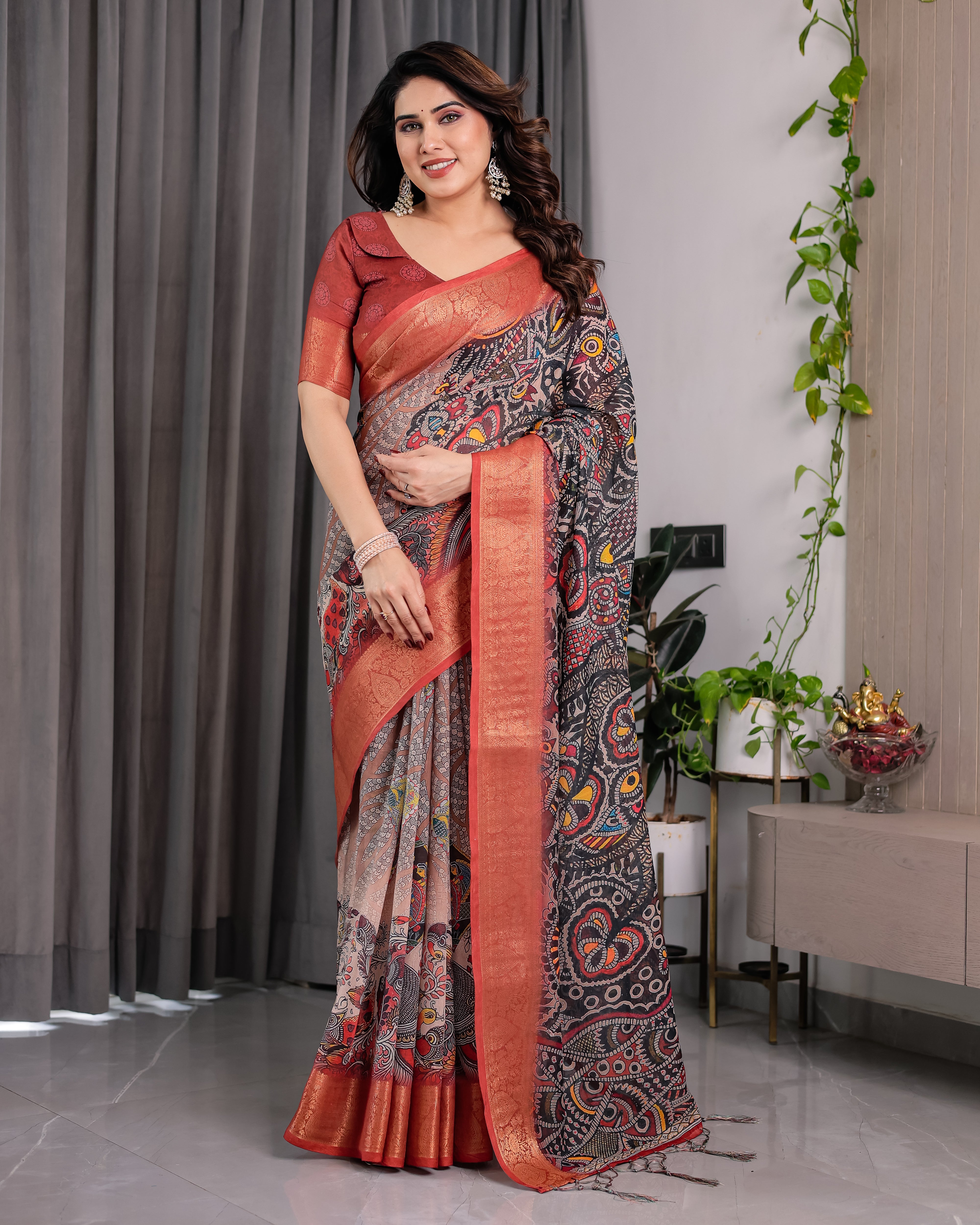 Pure Handloom Linen Floral Printed Saree with Zari Border
