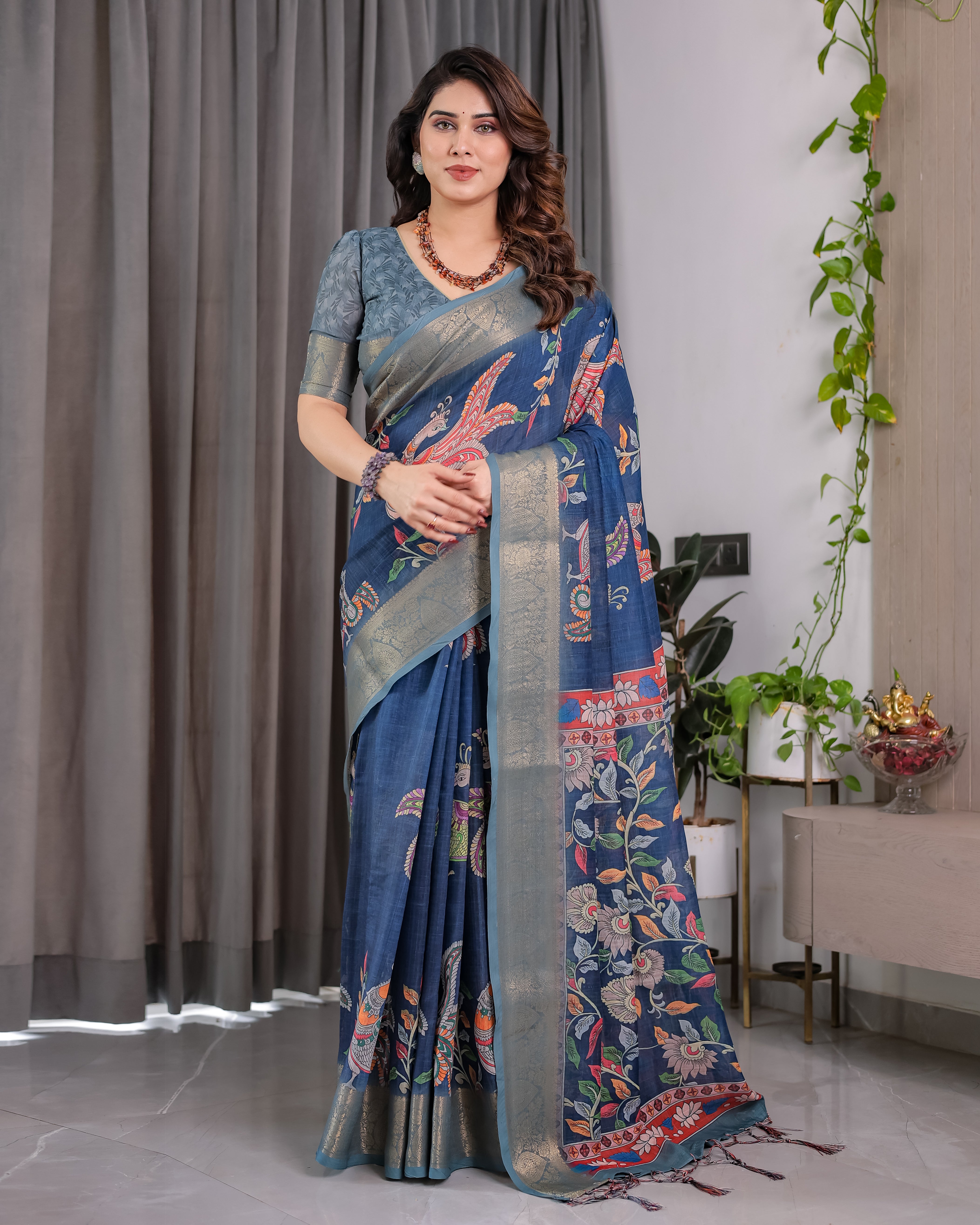 Lotusvastra Pure Handloom Linen Floral Saree