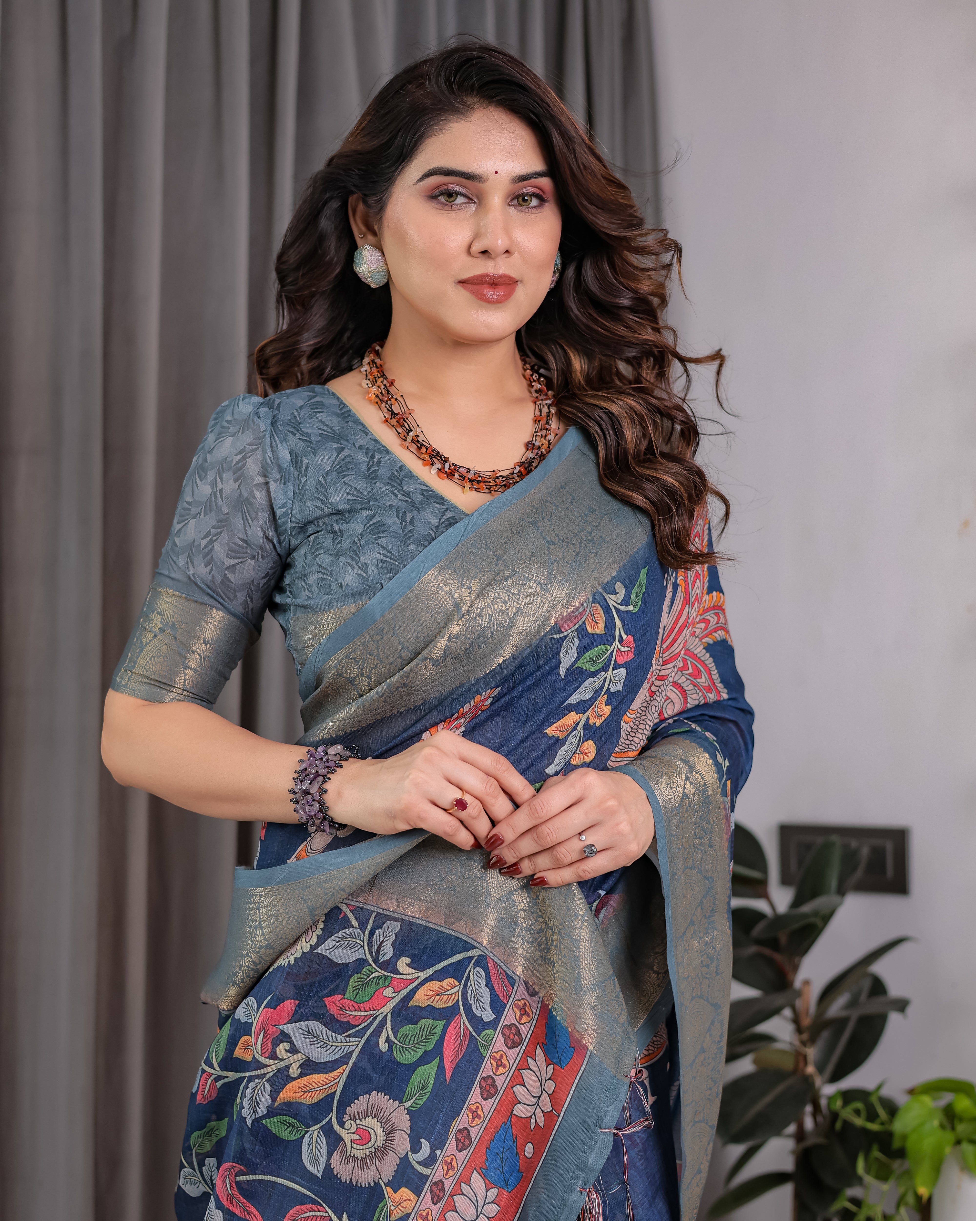 Lotusvastra Pure Handloom Linen Floral Saree