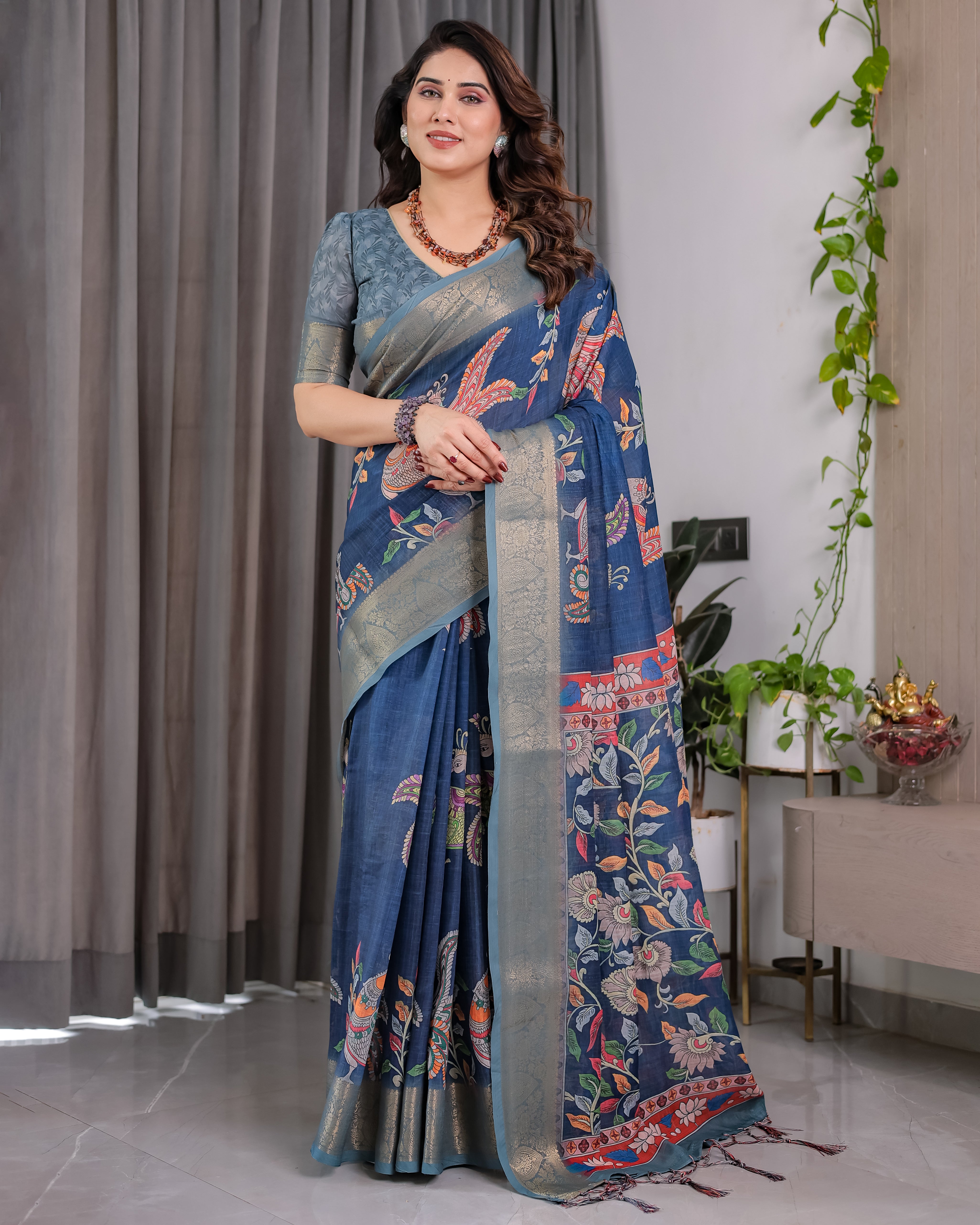 Lotusvastra Pure Handloom Linen Floral Saree