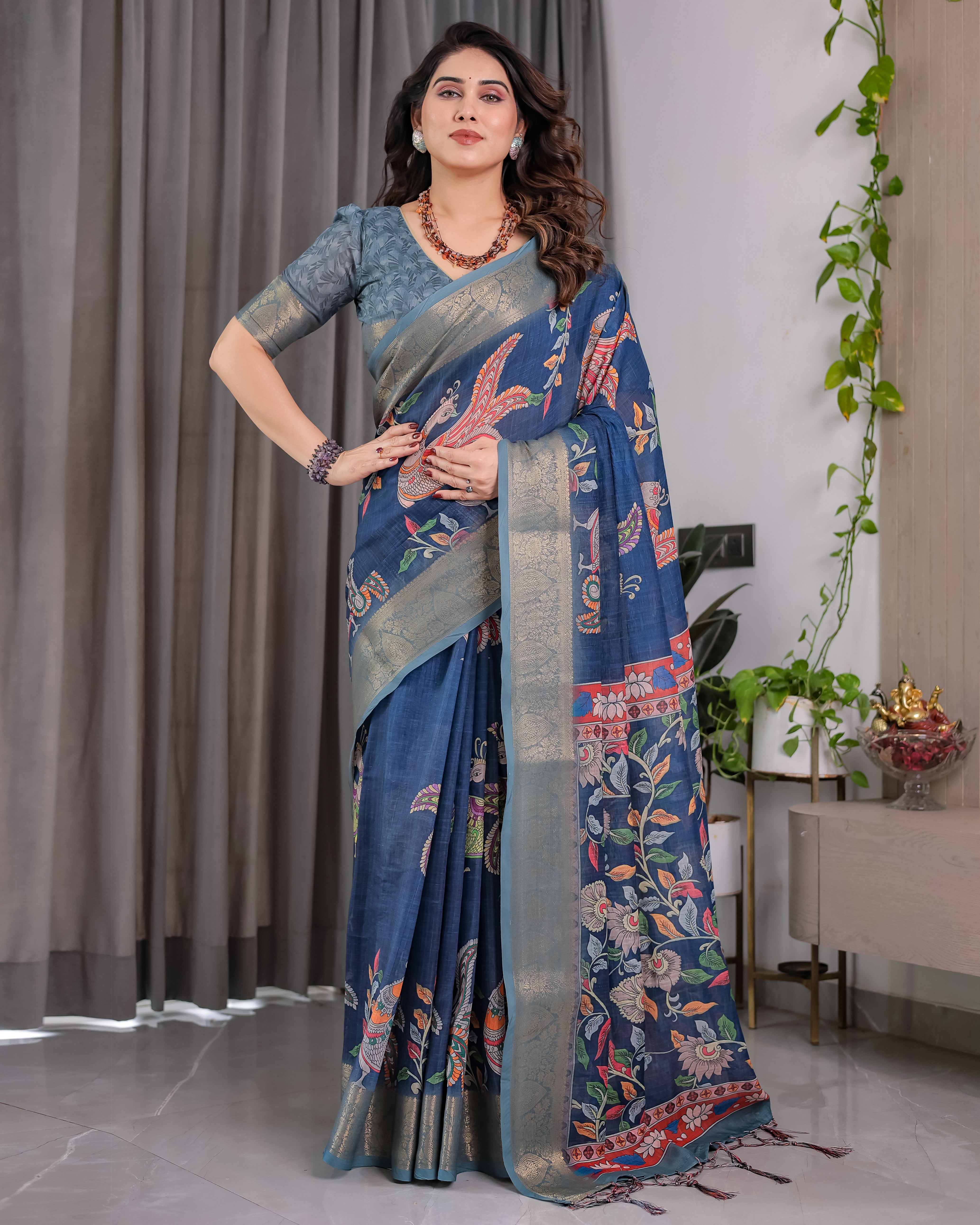 Lotusvastra Pure Handloom Linen Floral Saree