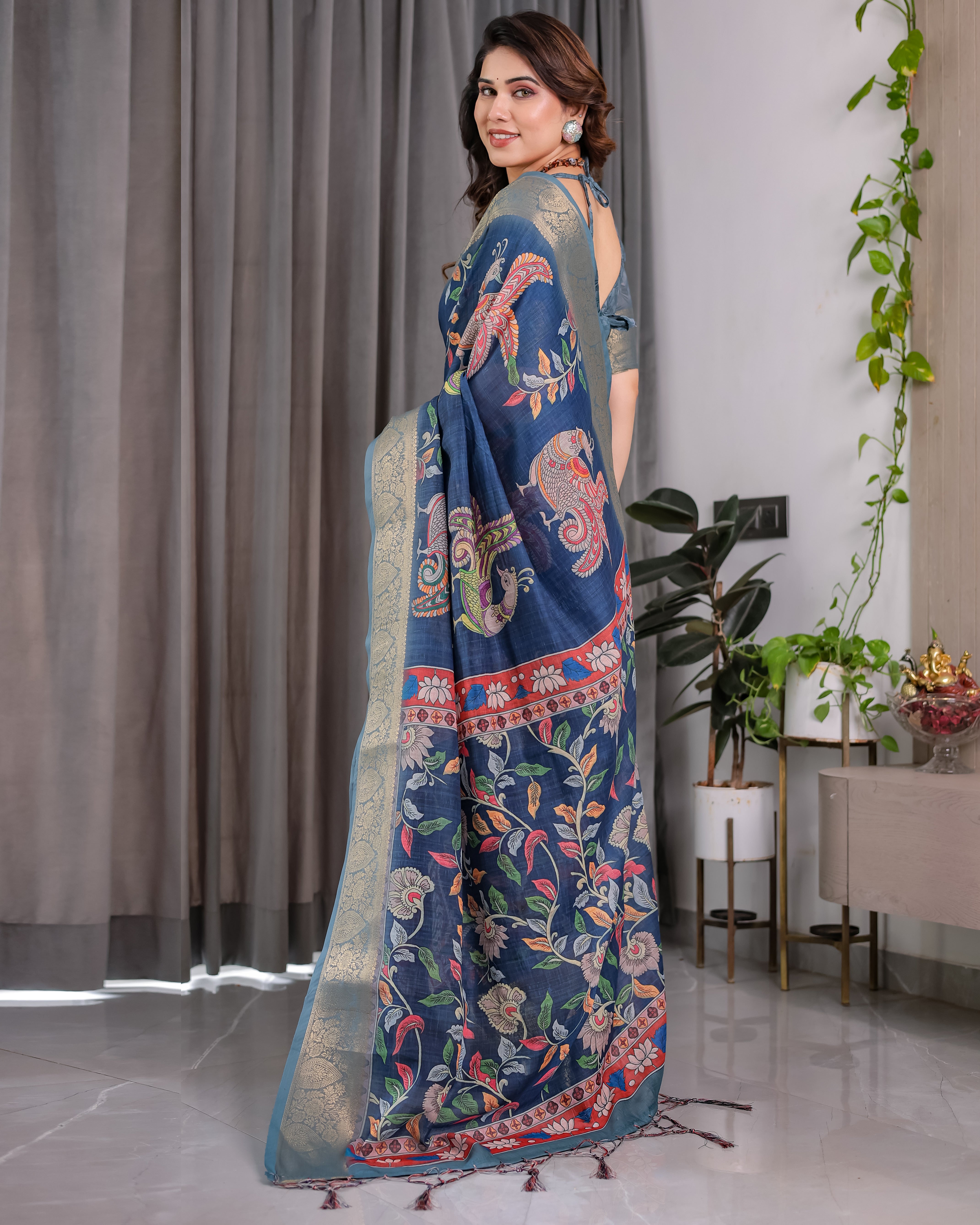 Lotusvastra Pure Handloom Linen Floral Saree