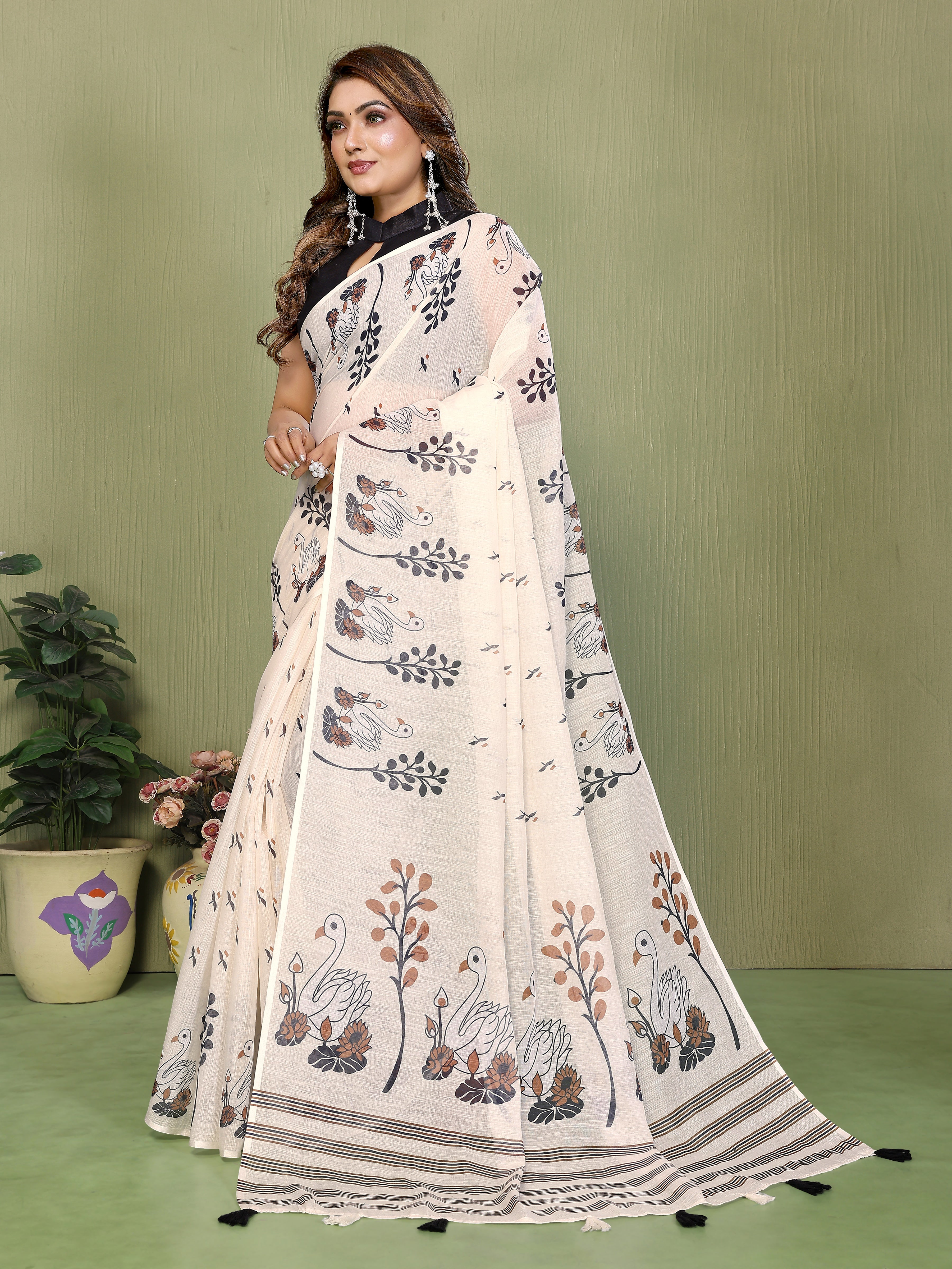 Premium Soft Linen Cotton Printed Saree with Tassels