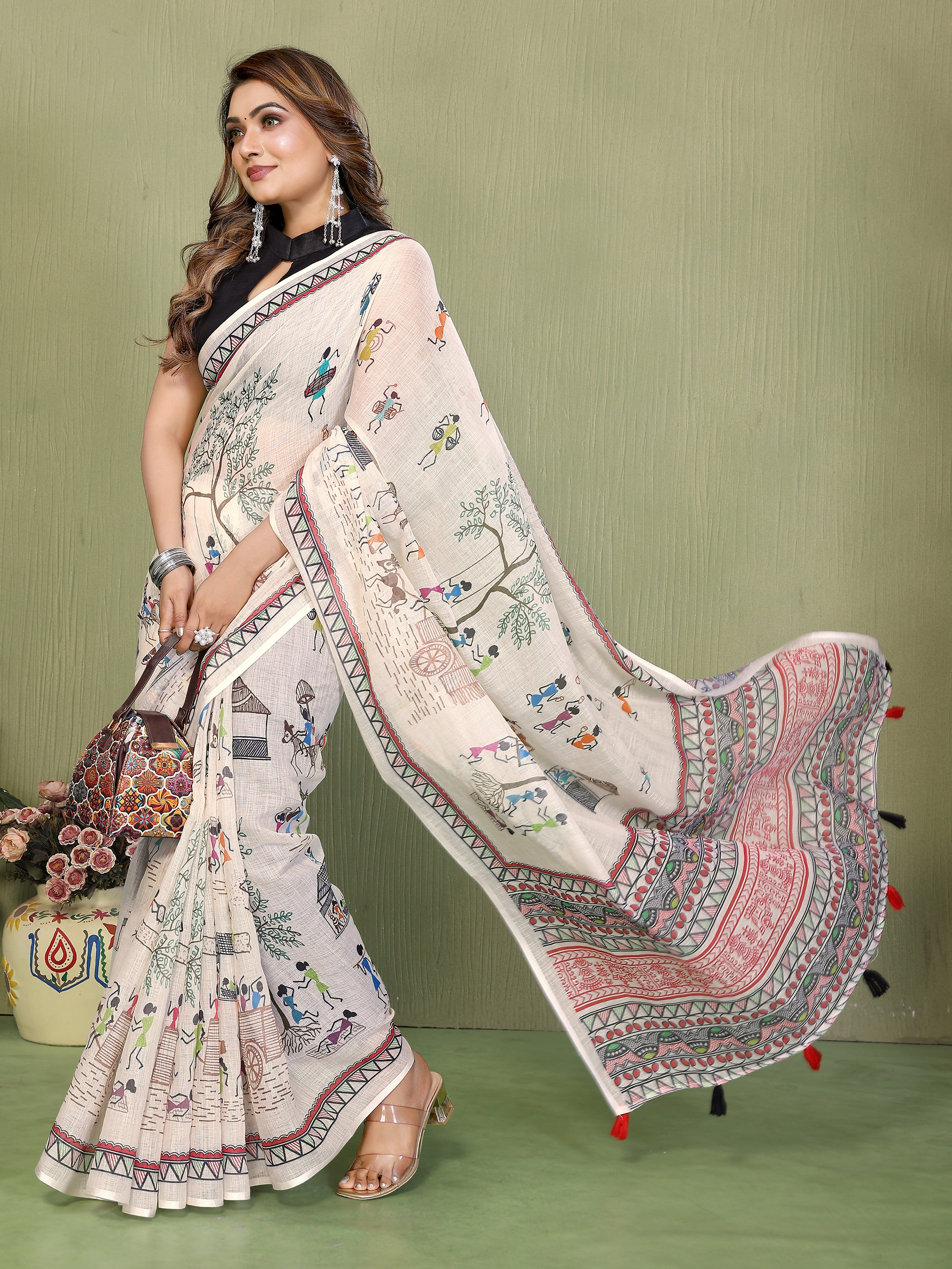 Premium Soft Linen Cotton Printed Saree with Tassels