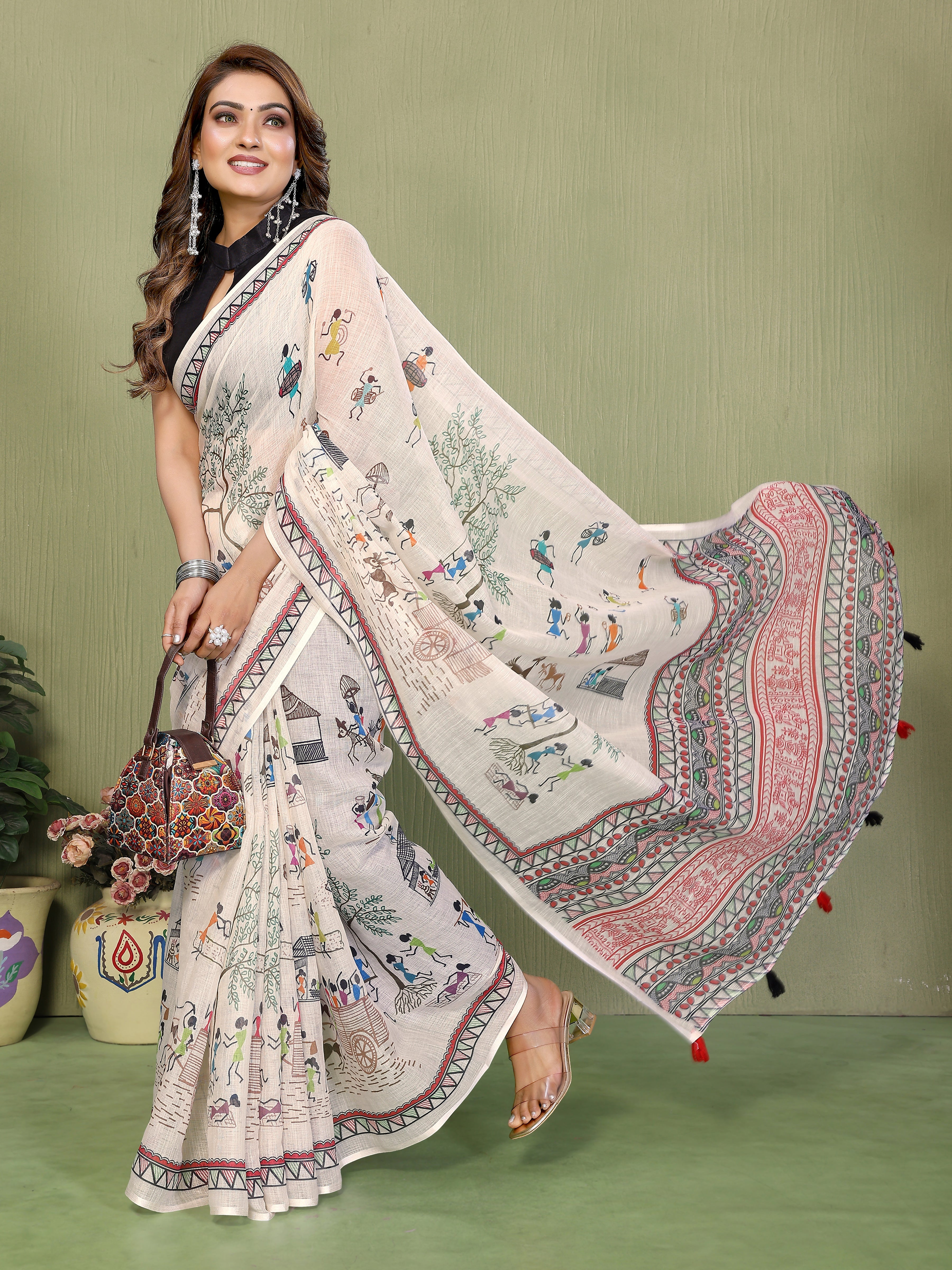 Premium Soft Linen Cotton Printed Saree with Tassels