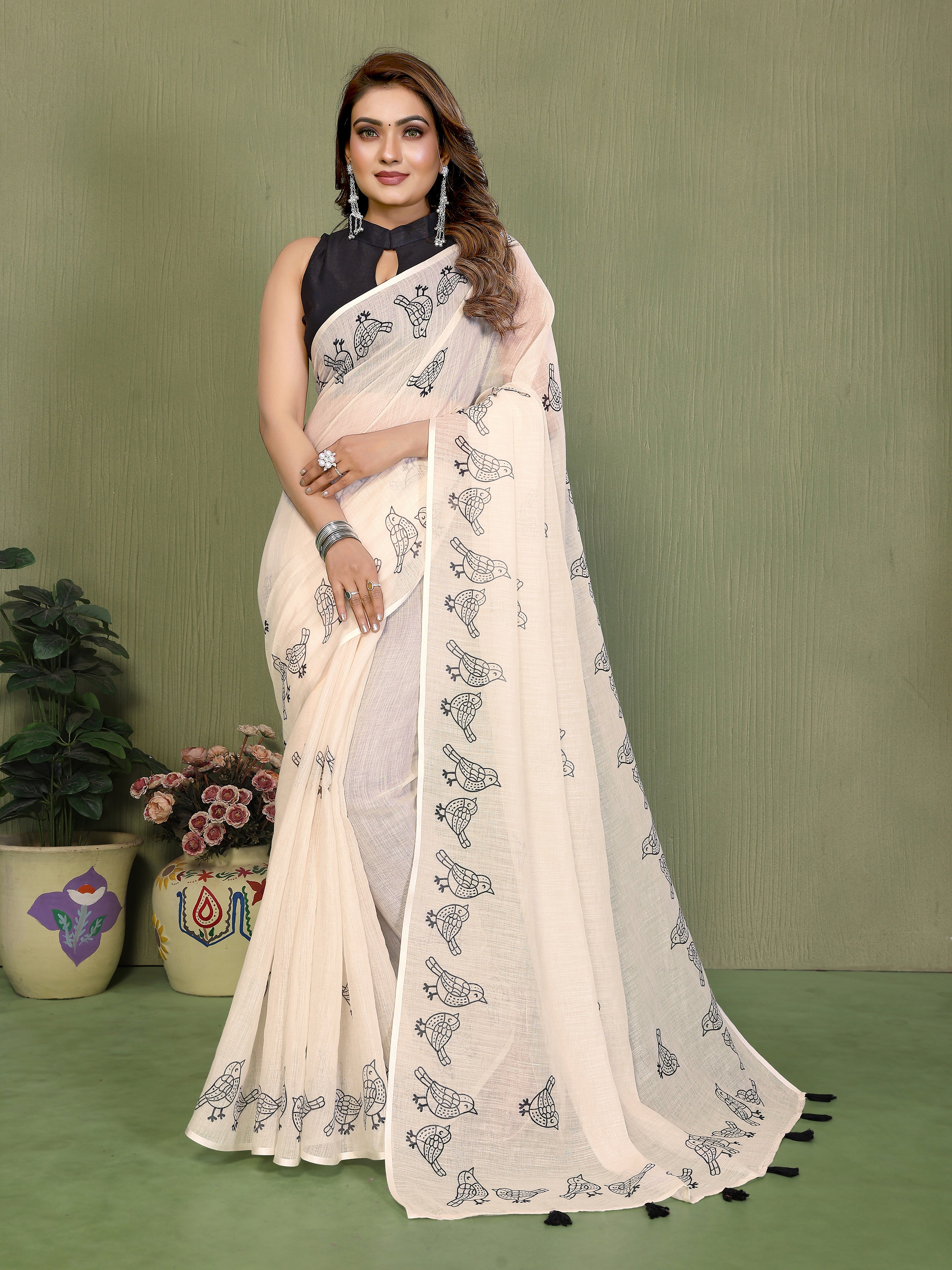 Premium Soft Linen Cotton Printed Saree with Tassels
