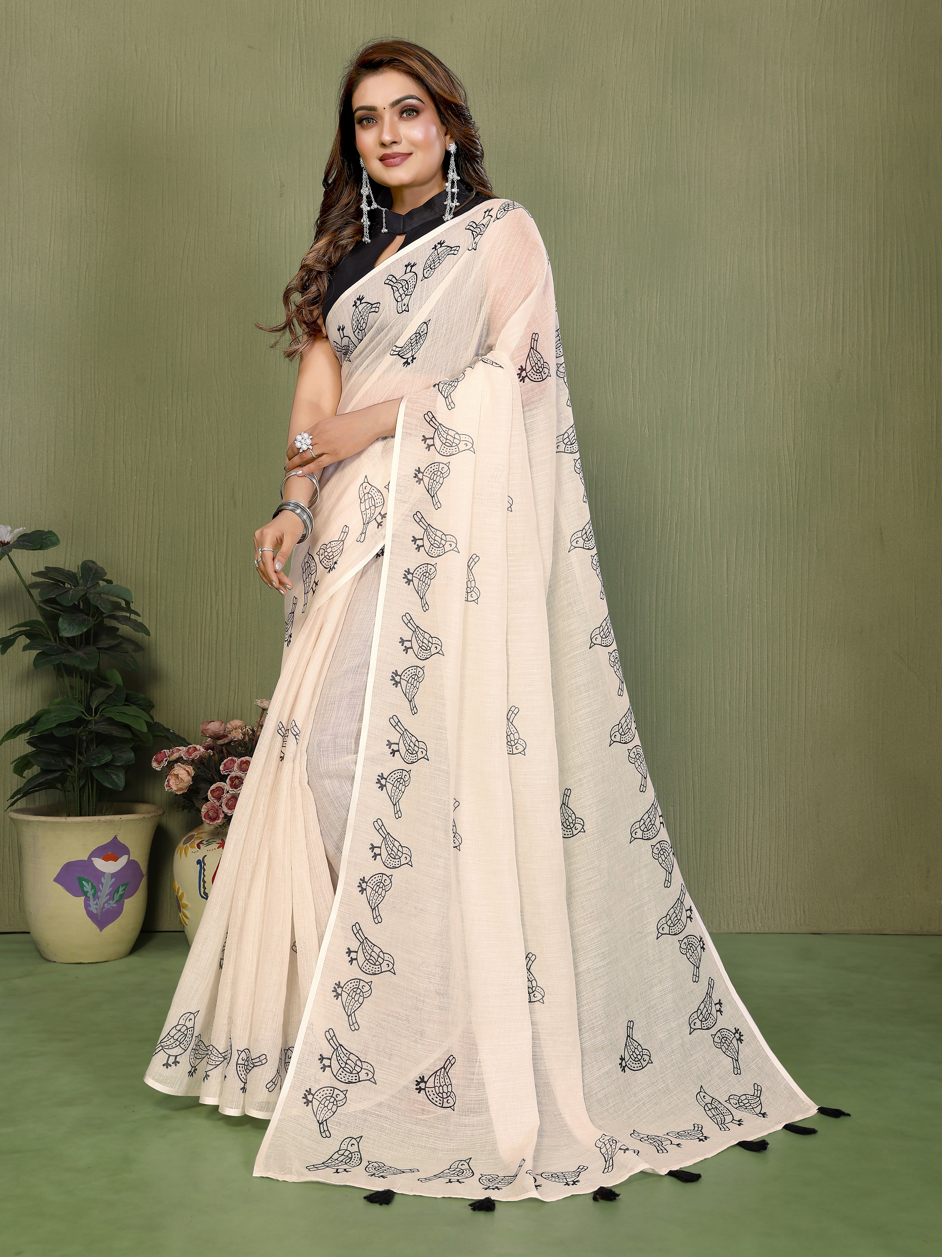 Premium Soft Linen Cotton Printed Saree with Tassels