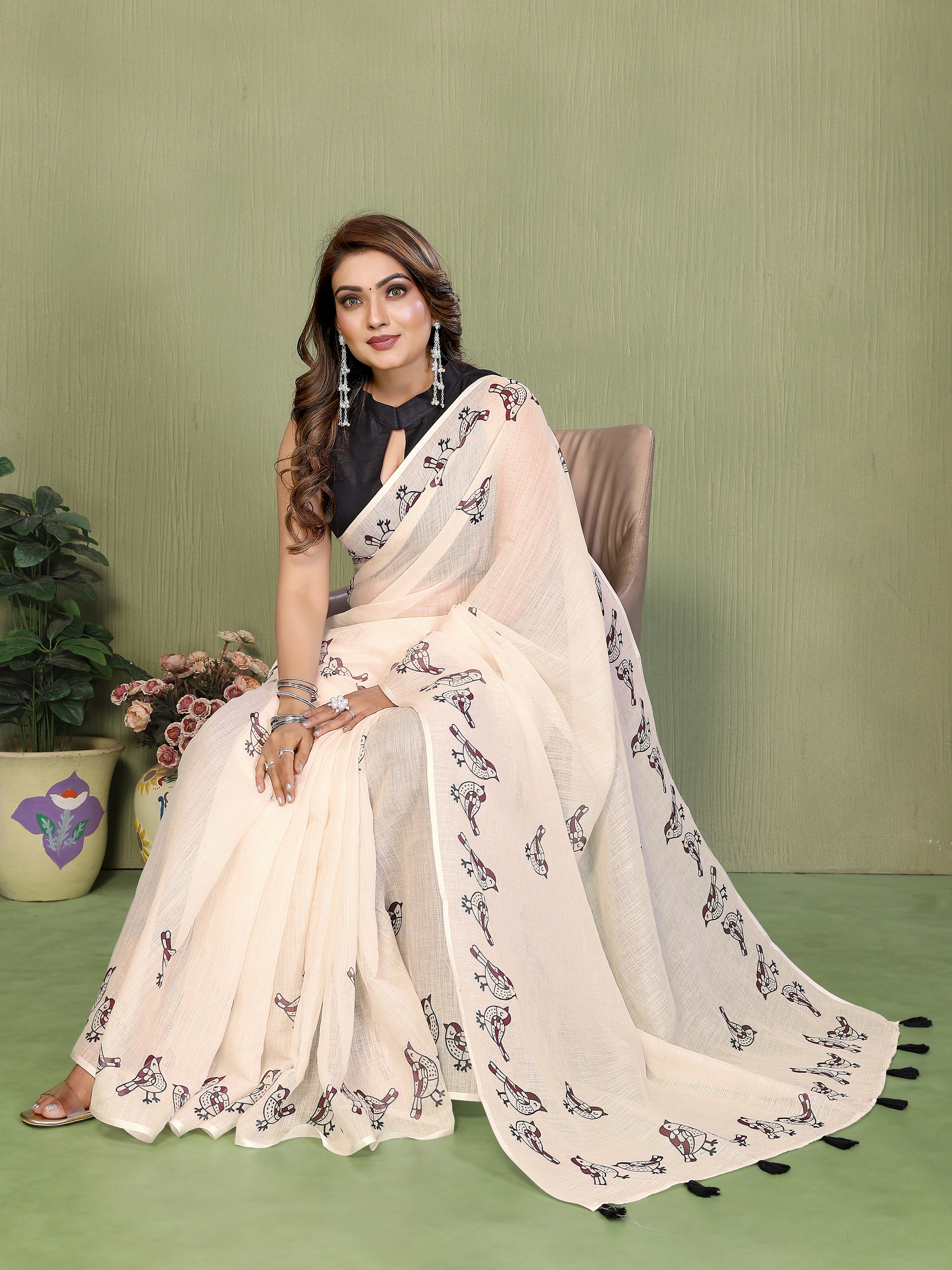 Premium Soft Linen Cotton Printed Saree with Tassels